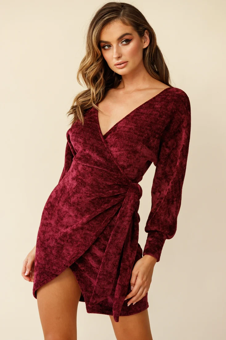Isolde Ribbed Velour Wrap Dress Plum - Sonourner