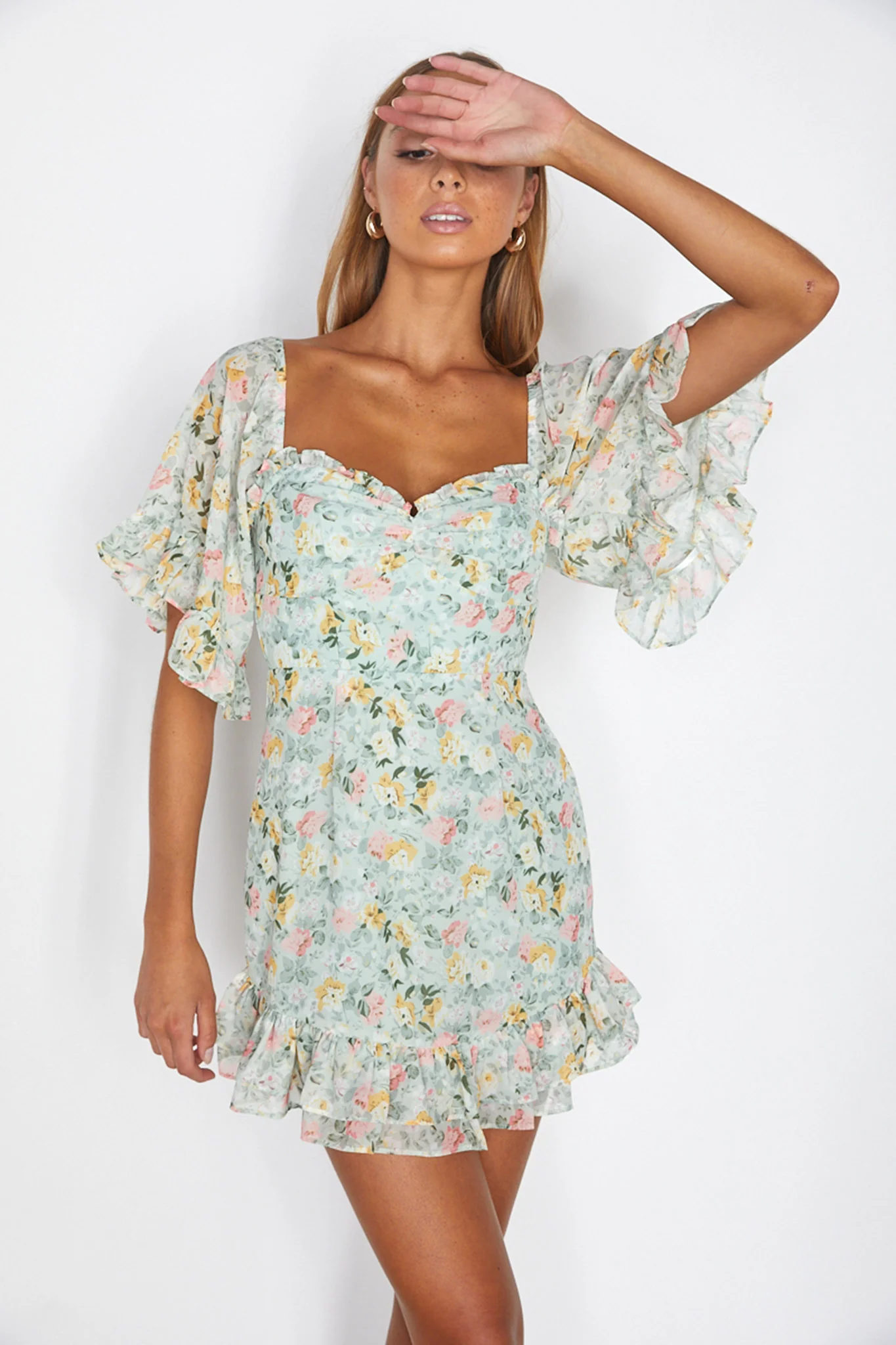 Elorah Frill Trim Mini Dress Floral Green - Sonourner