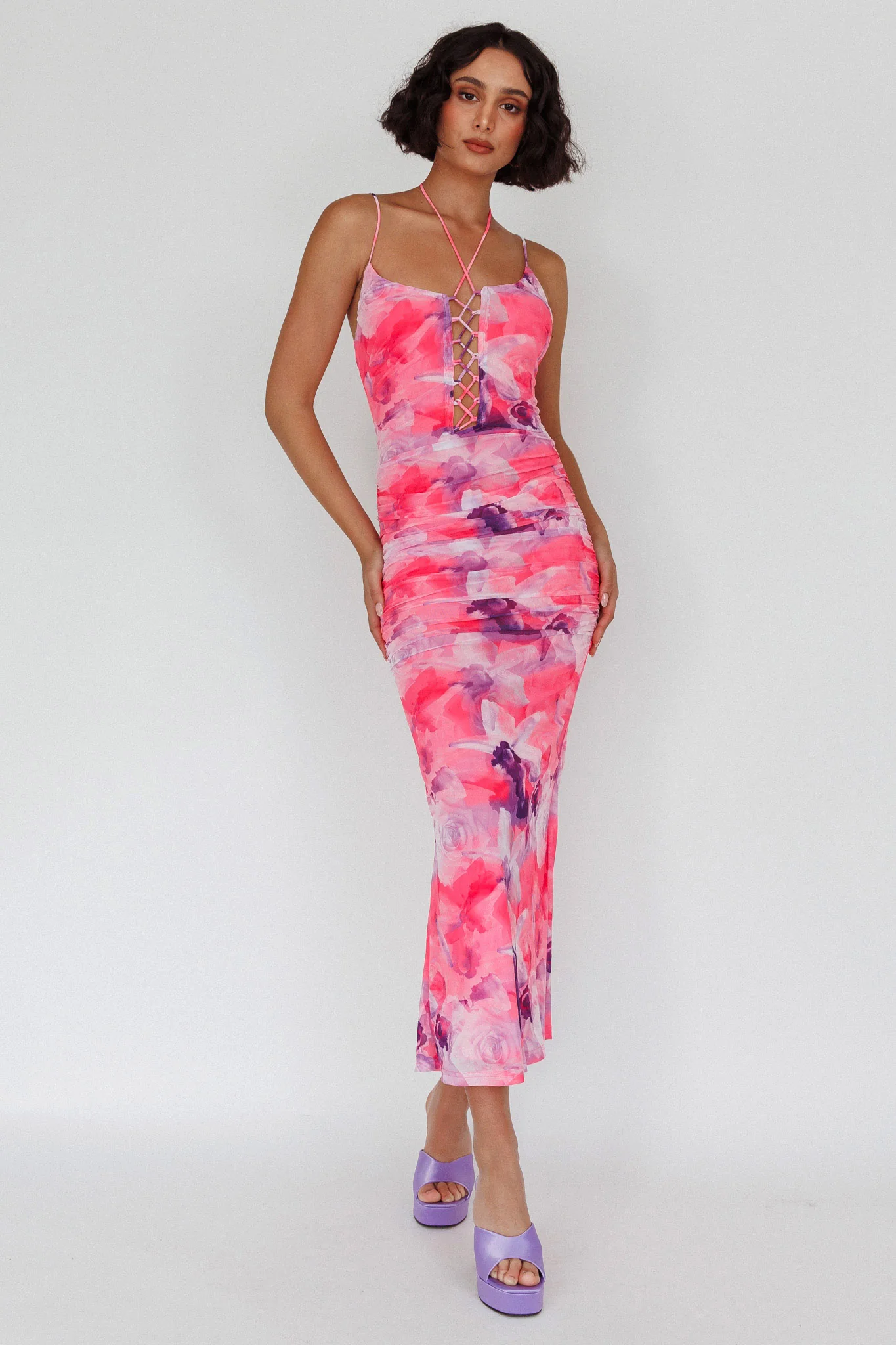 Gypsy Garden Laced Bodice Ruched Midi Dress Pink - Sonourner