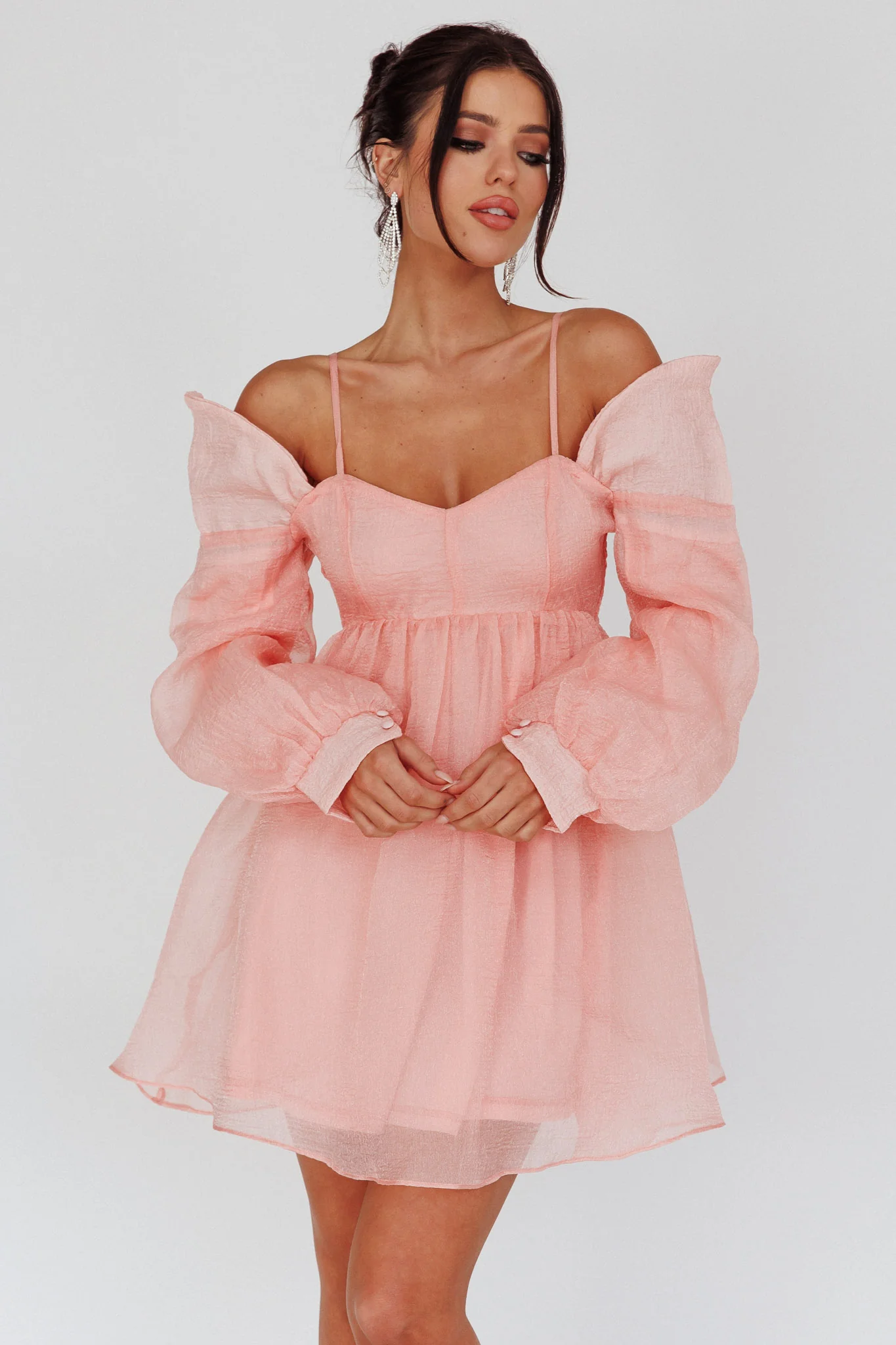 Yasi Long Sleeve Babydoll Mini Dress Peach - Sonourner