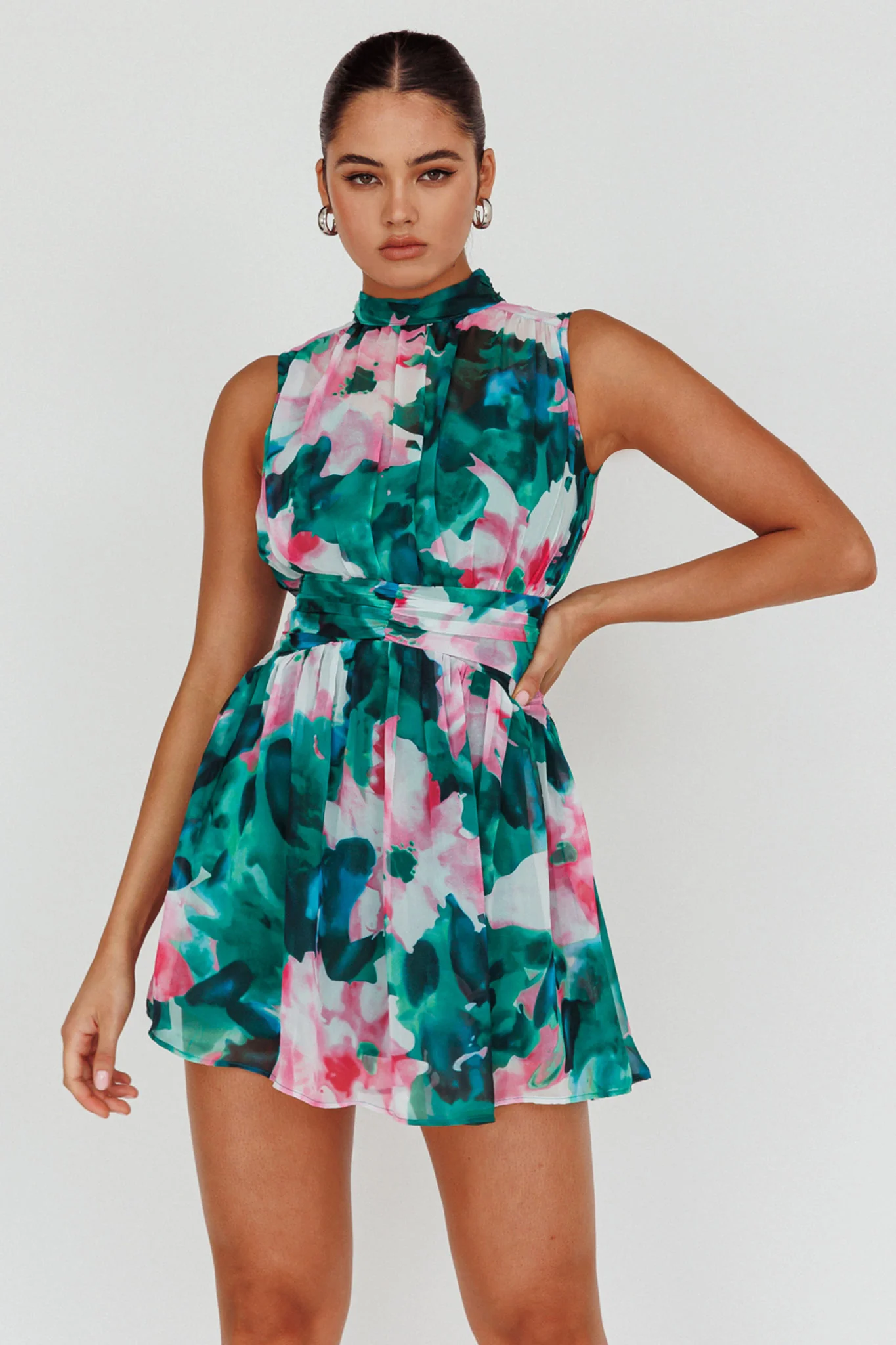 Mandalay High Neck Sleeveless Dress Floral Green - Sonourner