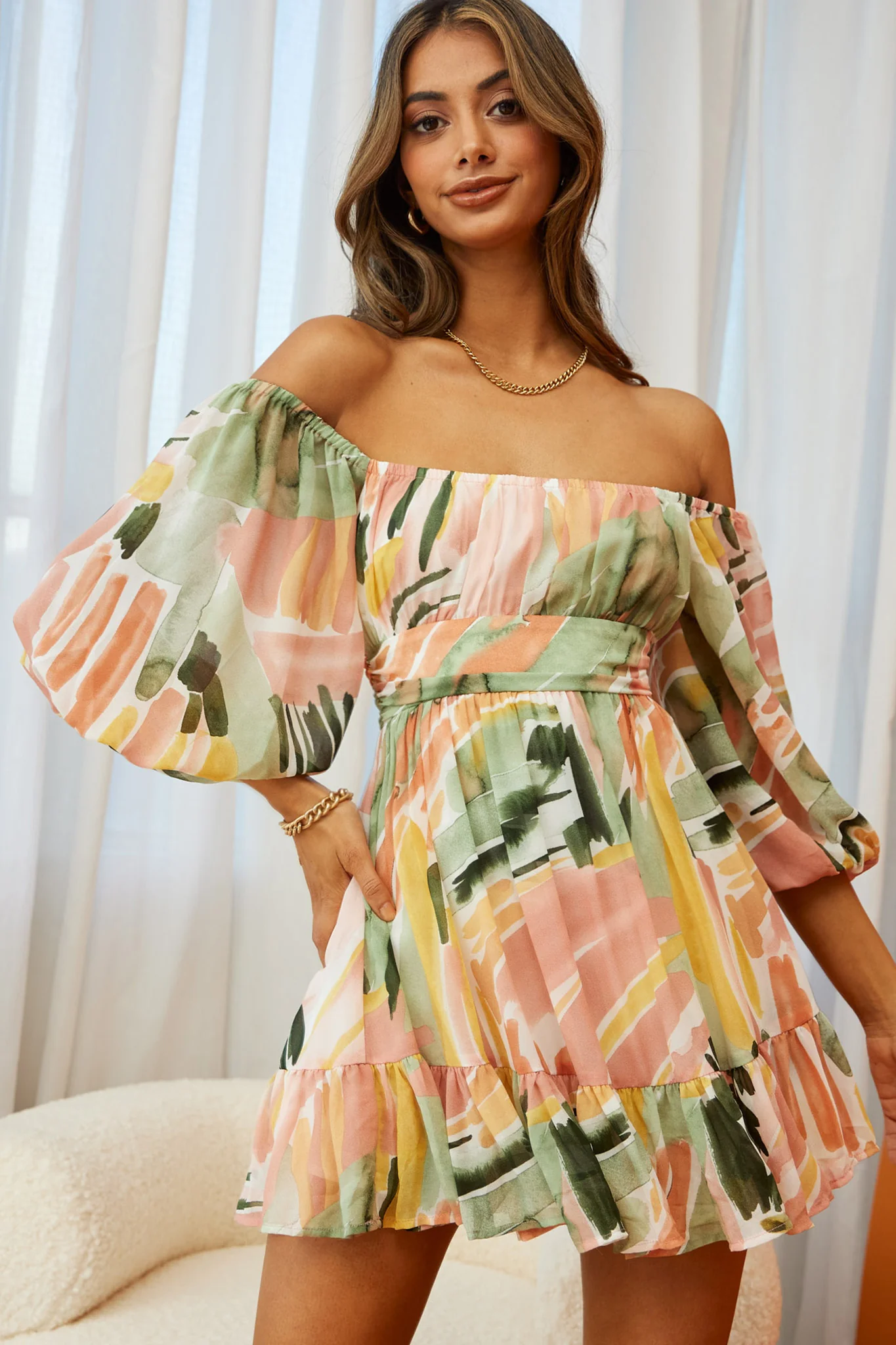 Abby Off-Shoulder Tie-Up Back Dress Watercolor Print Multi - Sonourner