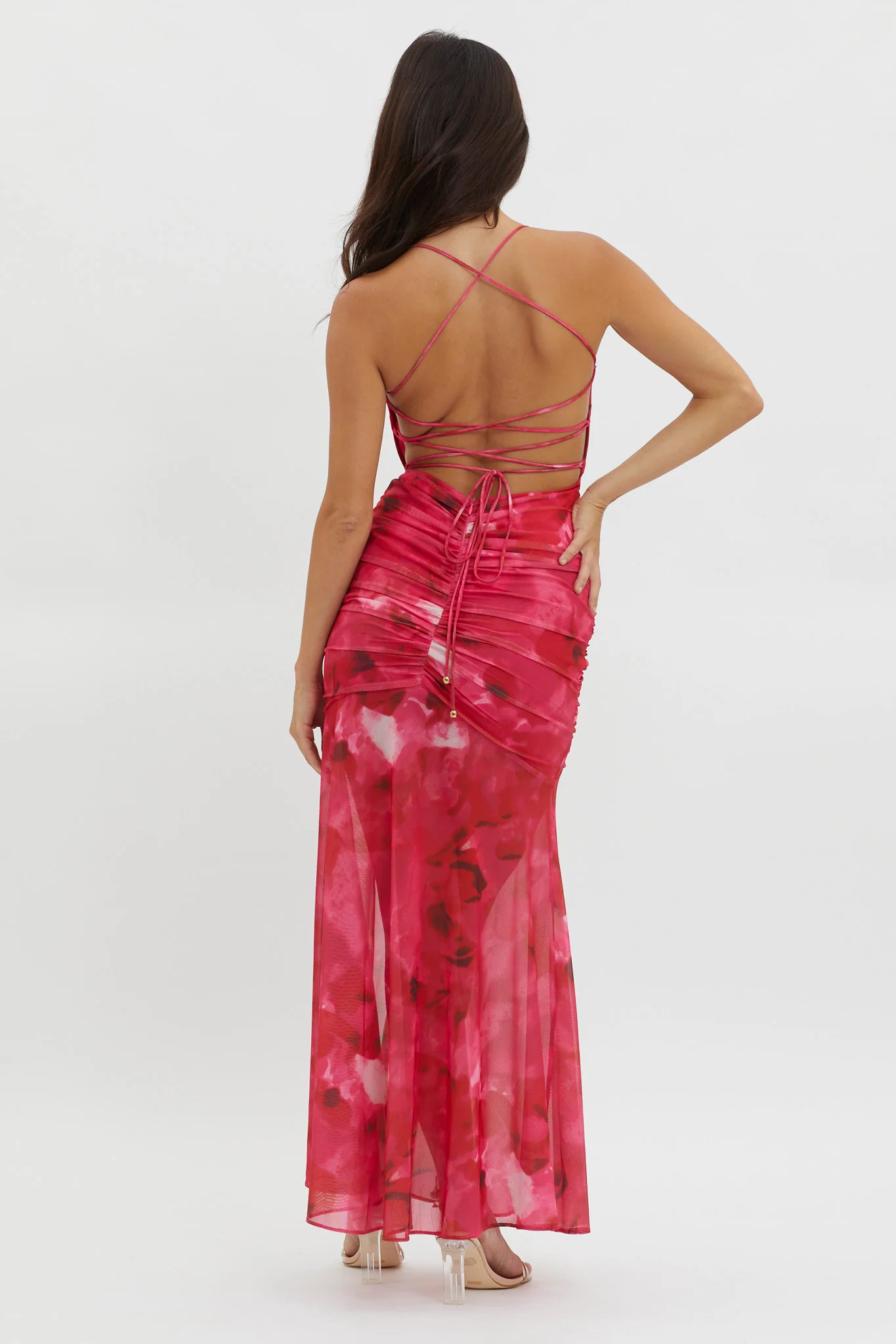 Apryl Ruched Lace-Up Back Dress Pink - Sonourner