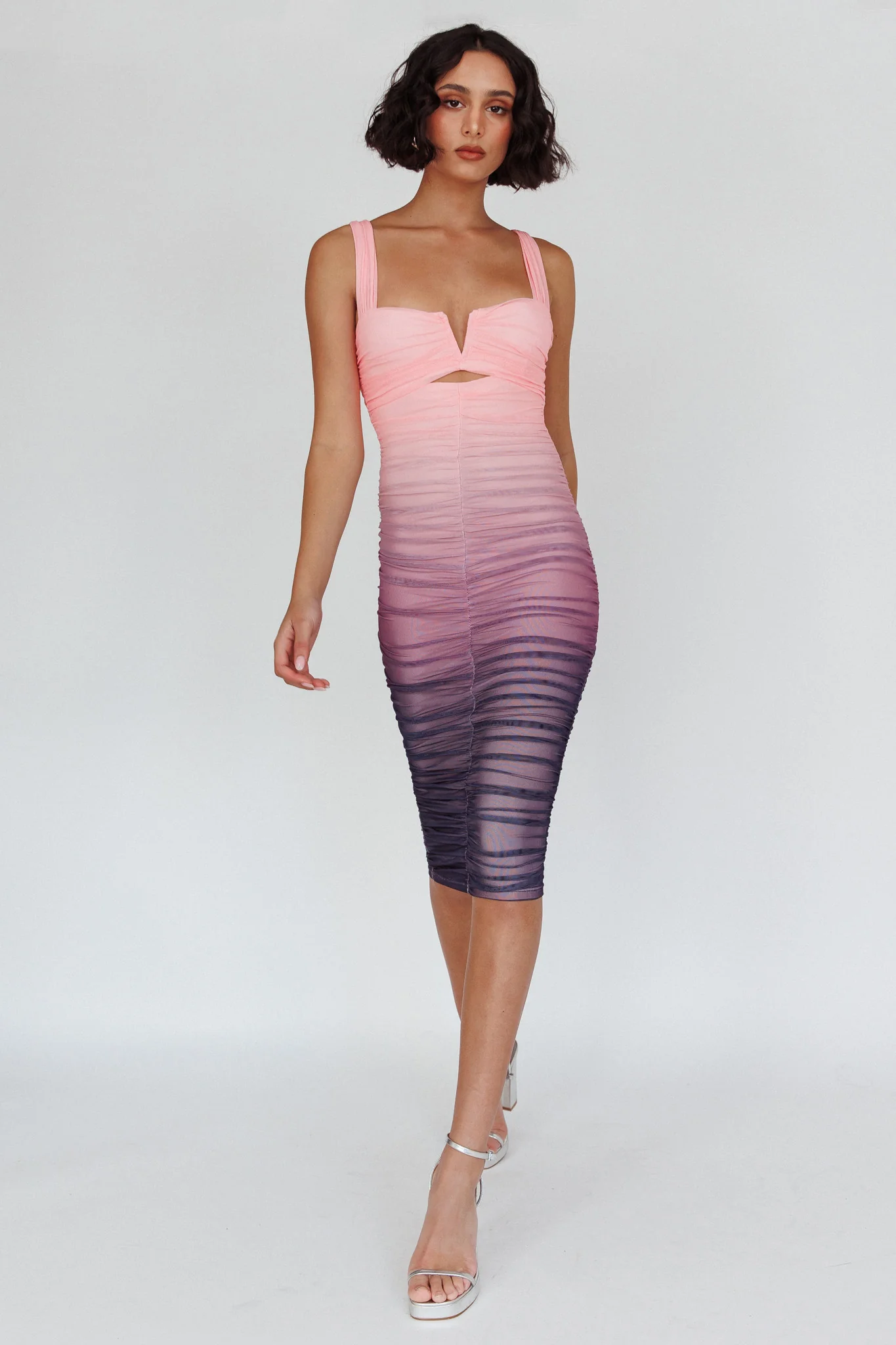 Nadia Ruched Midi Dress Gradient Pink - Sonourner