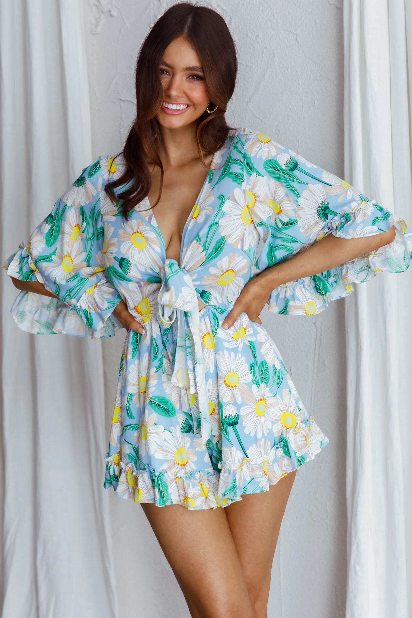 Athira Tied Bust Flared Sleeve Romper Daisy Blue - Sonourner