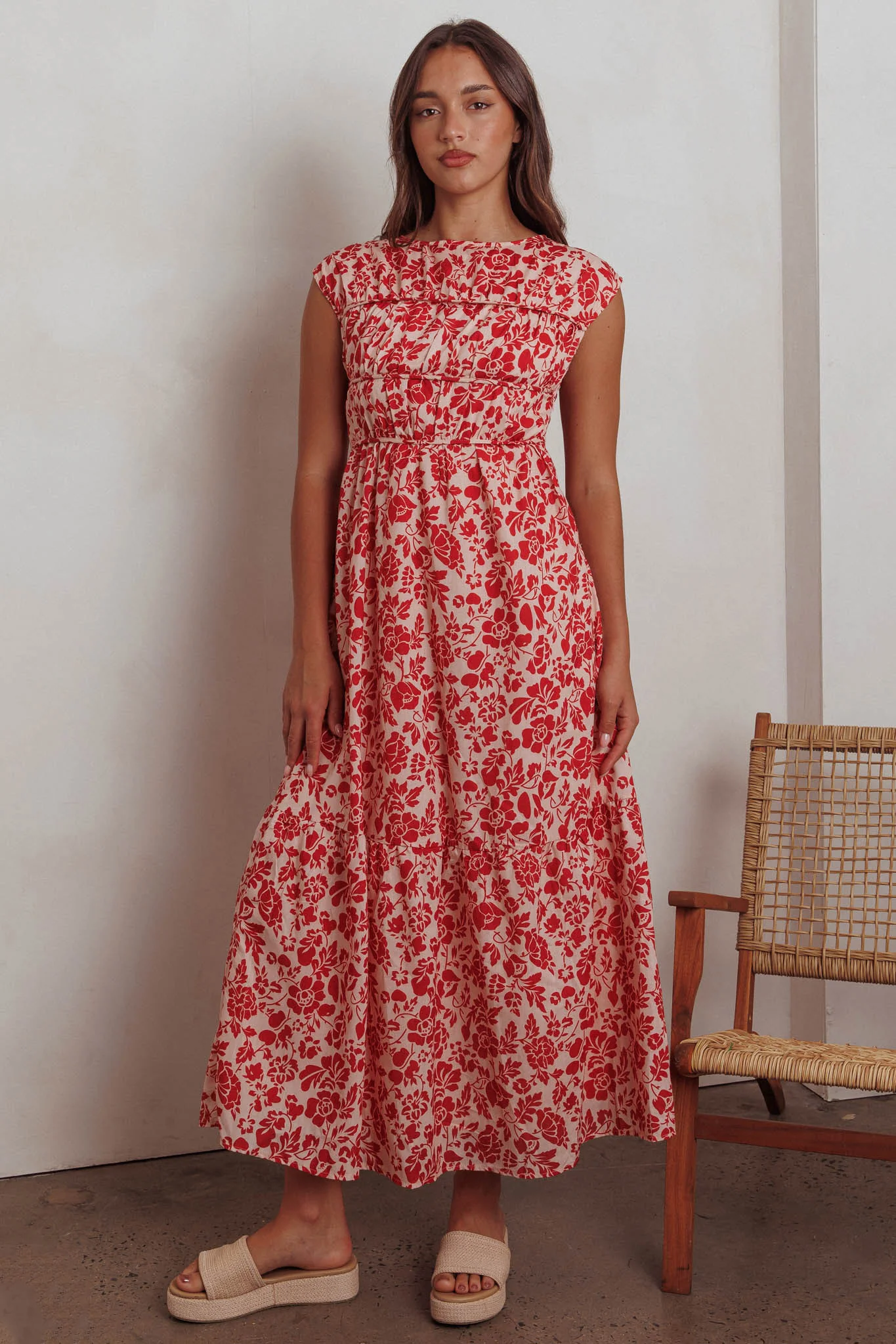 Called Out Gathered Bodice Maxi Dress Floral Red - Sonourner