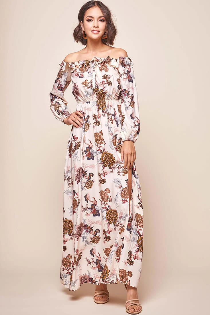 Tatiana Bardot Frill Neckline Maxi Dress Mocha - Sonourner