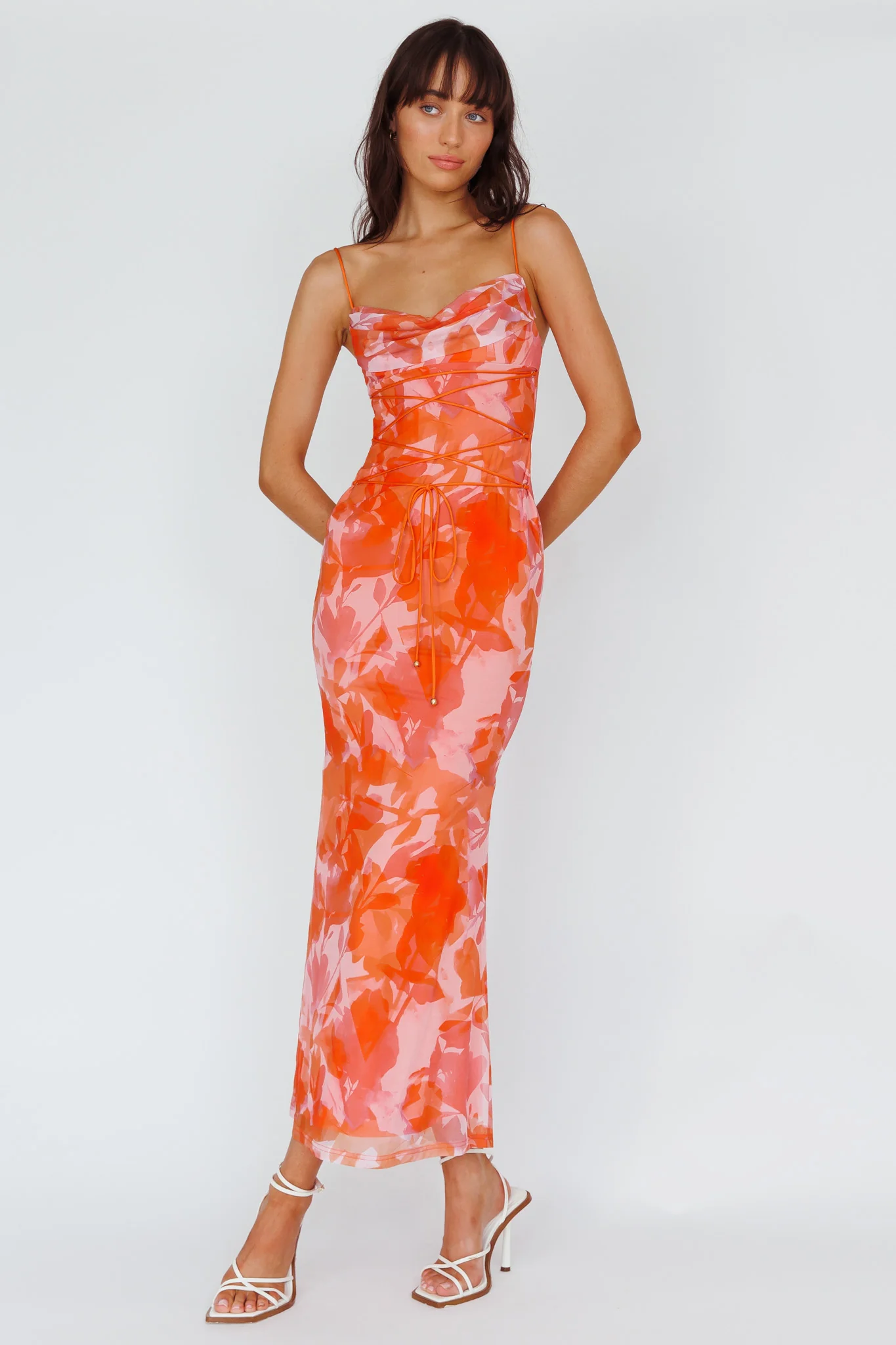 Teava Laced Waist Maxi Dress Print Floral Orange - Sonourner