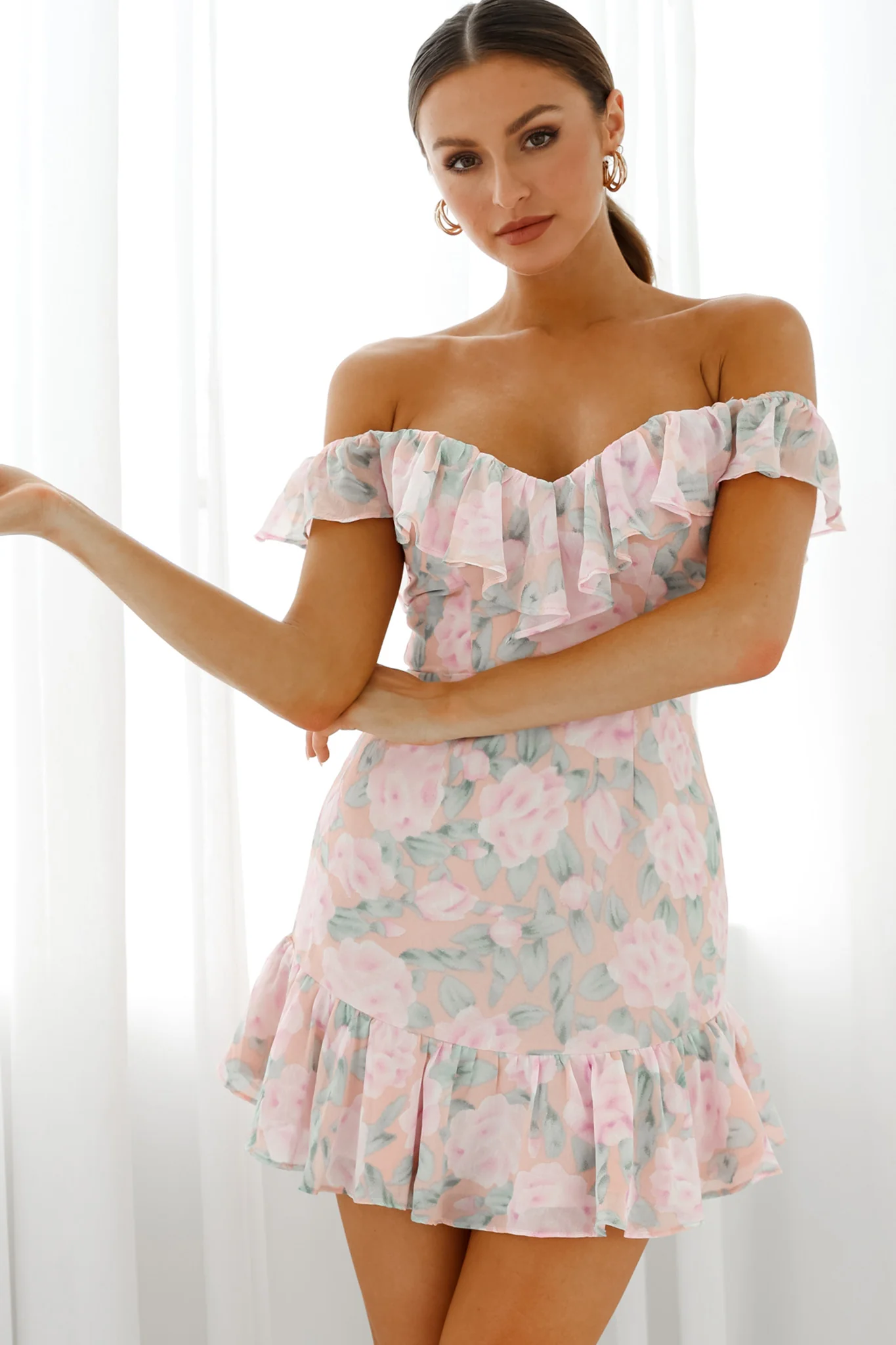 Sweet Melody Sweetheart Neckline Off-Shoulder Dress Floral Print Nude/Pink - Sonourner