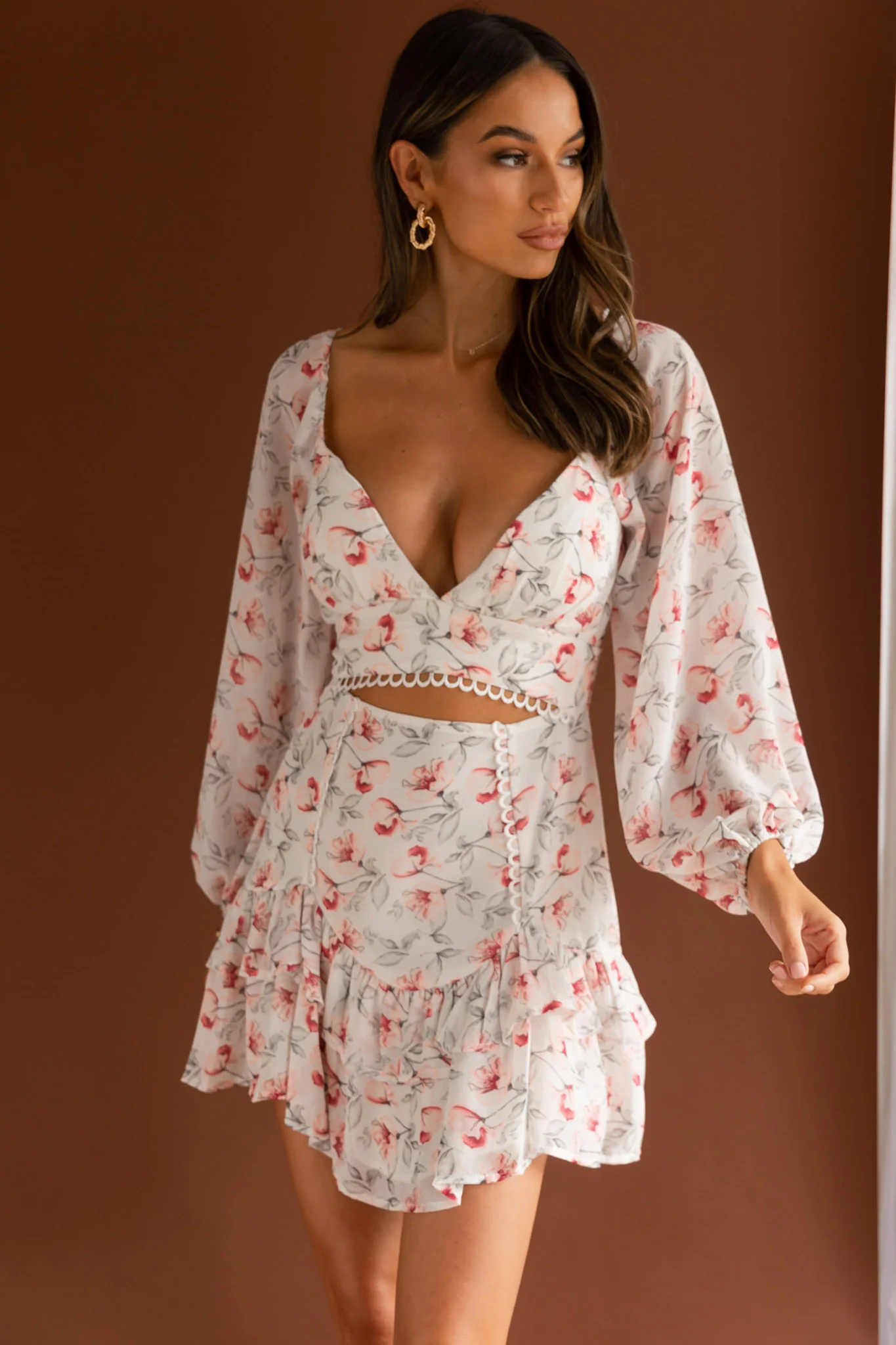 Dearly Beloved Balloon Sleeve Layered Frill Hem Dress Flower Print White - Sonourner