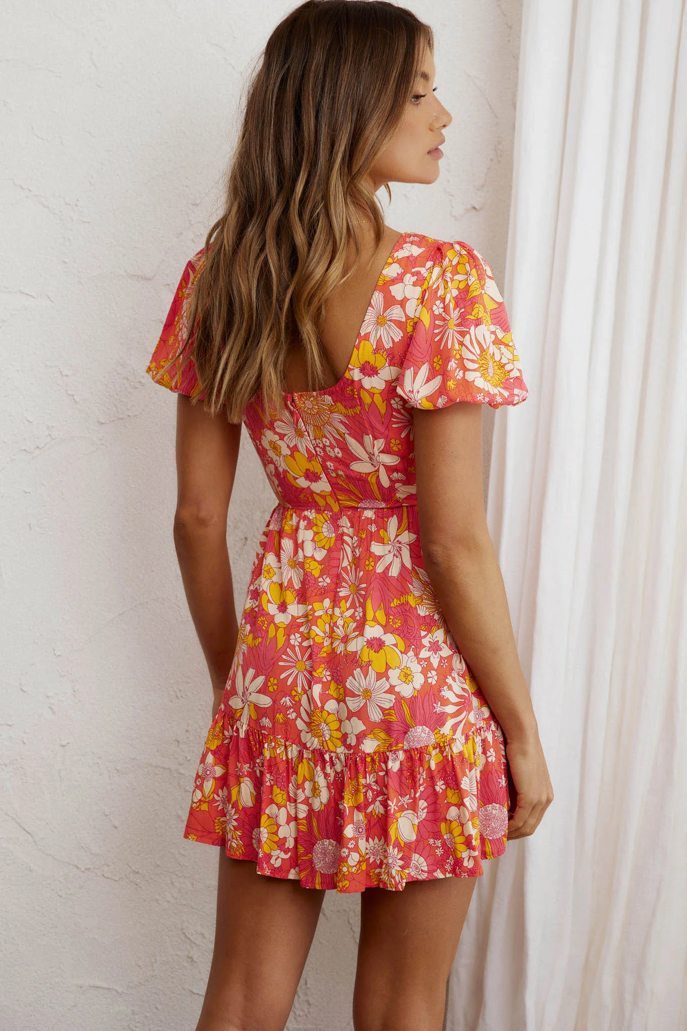 Crystal Shores Shirred Bust Mini Dress Floral Orange - Sonourner