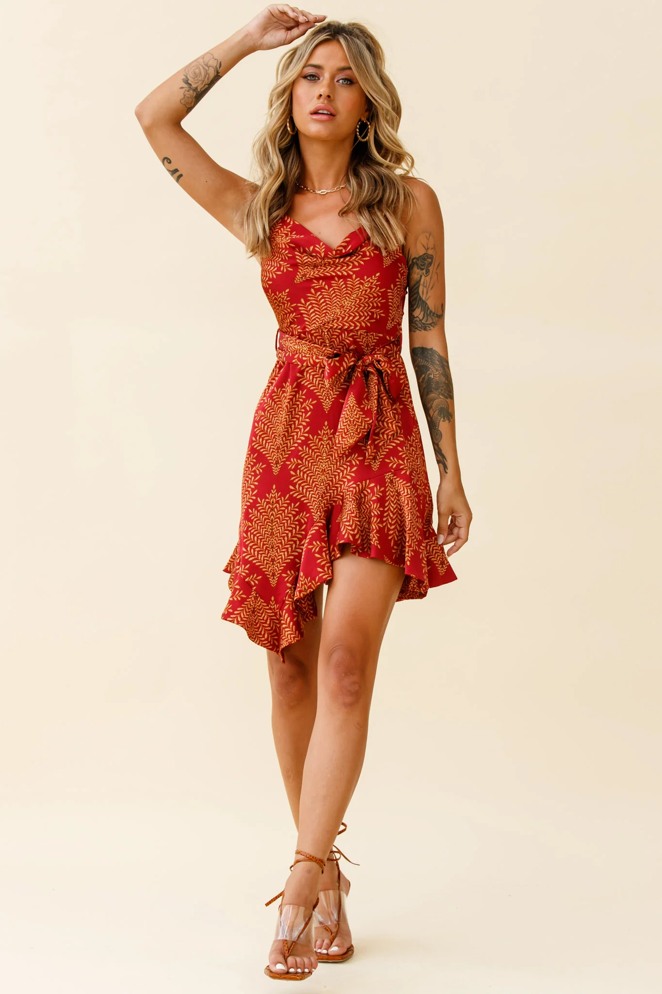 On The Prowl Cowl Neck Asymmetrical Hem Dress Leaf Print Wine - Sonourner