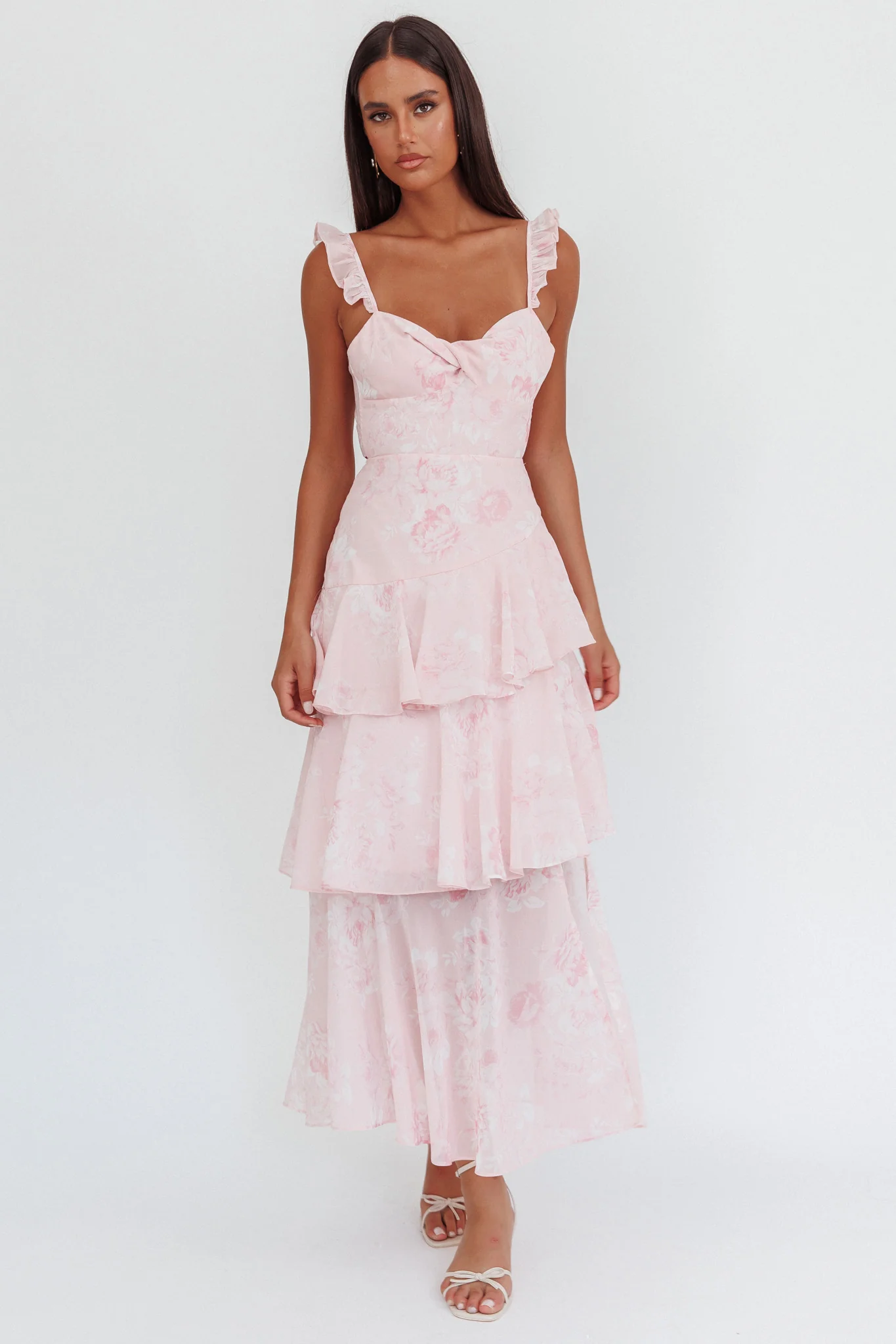 Veda Ruffle Strap Split Maxi Dress Roses Blush - Sonourner