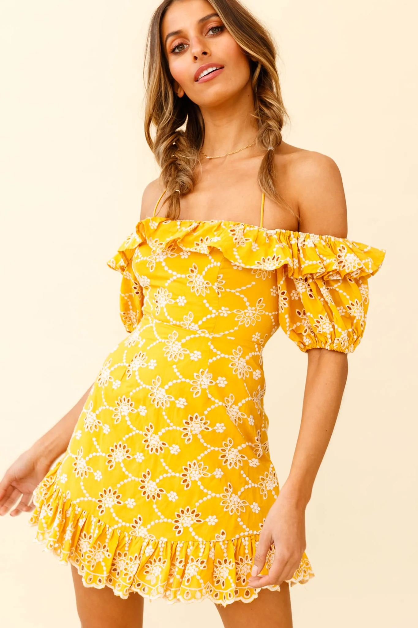 Up Front Puff Sleeve String-Tie Halterneck Embroidery Dress Yellow - Sonourner