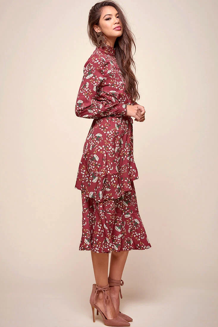 Jackson Waist Tie Bell Sleeve Dress Red Wine - Sonourner