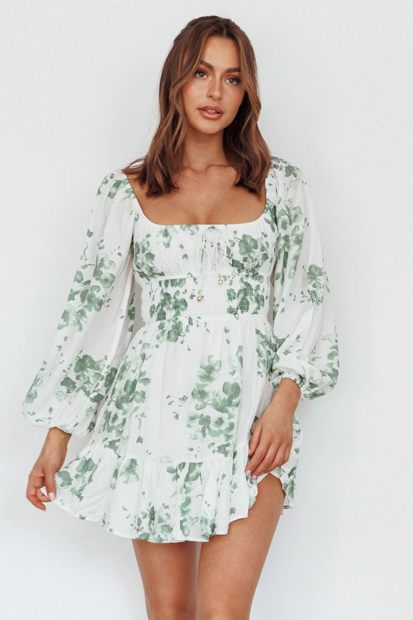Amilie Shirred Long Sleeve Dress Floral White/Olive - Sonourner