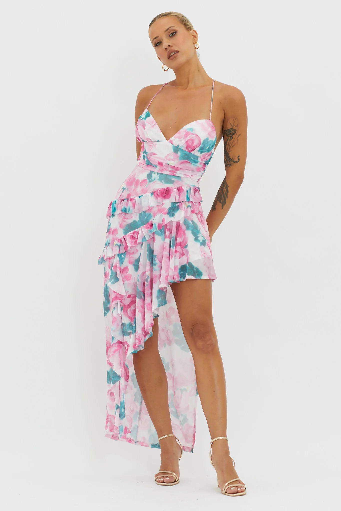 Check Mate Frill Trim Cut-Out Split Dress Floral Pink - Sonourner