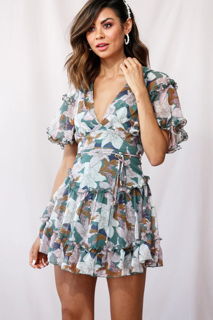 Psalm Angel Sleeve Frill Dress Olive - Sonourner