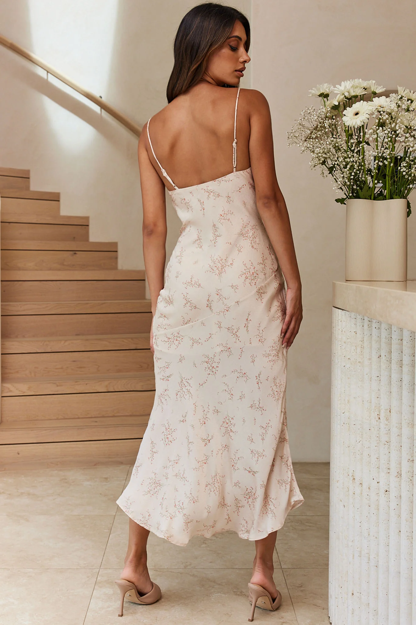 Well Versed Pleated Bust Front Split Dress Spring Print Champagne - Sonourner