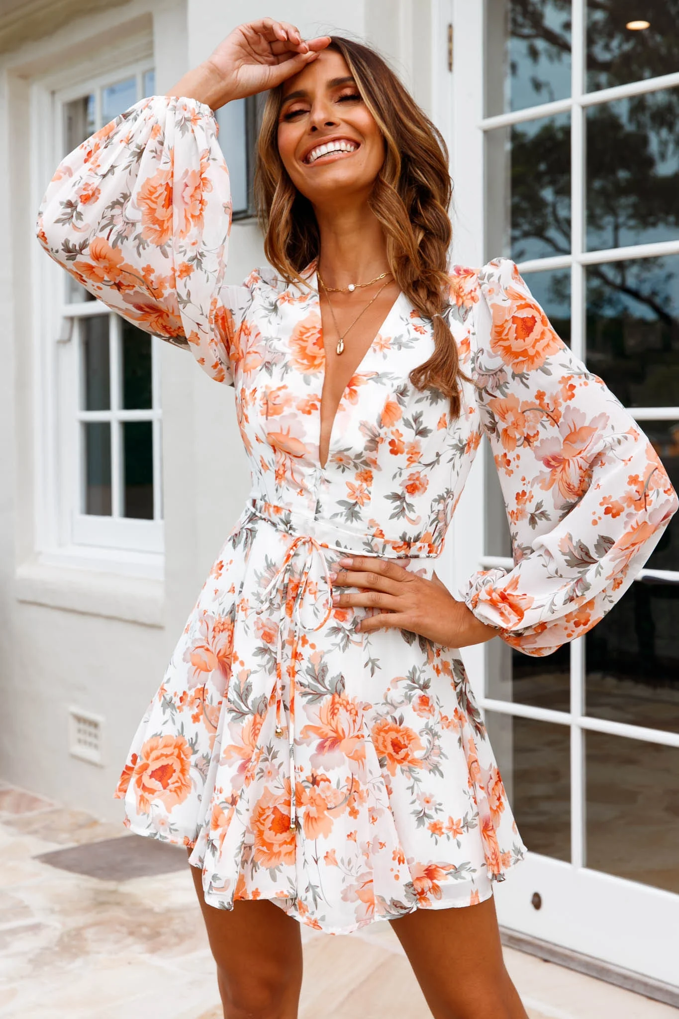 Estelle Long Sleeve V-Neckline Dress Floral Print Orange - Sonourner