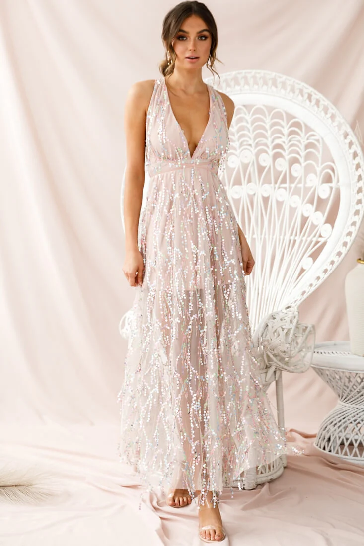 Tiara Sequin Maxi Dress Pink Champagne - Sonourner