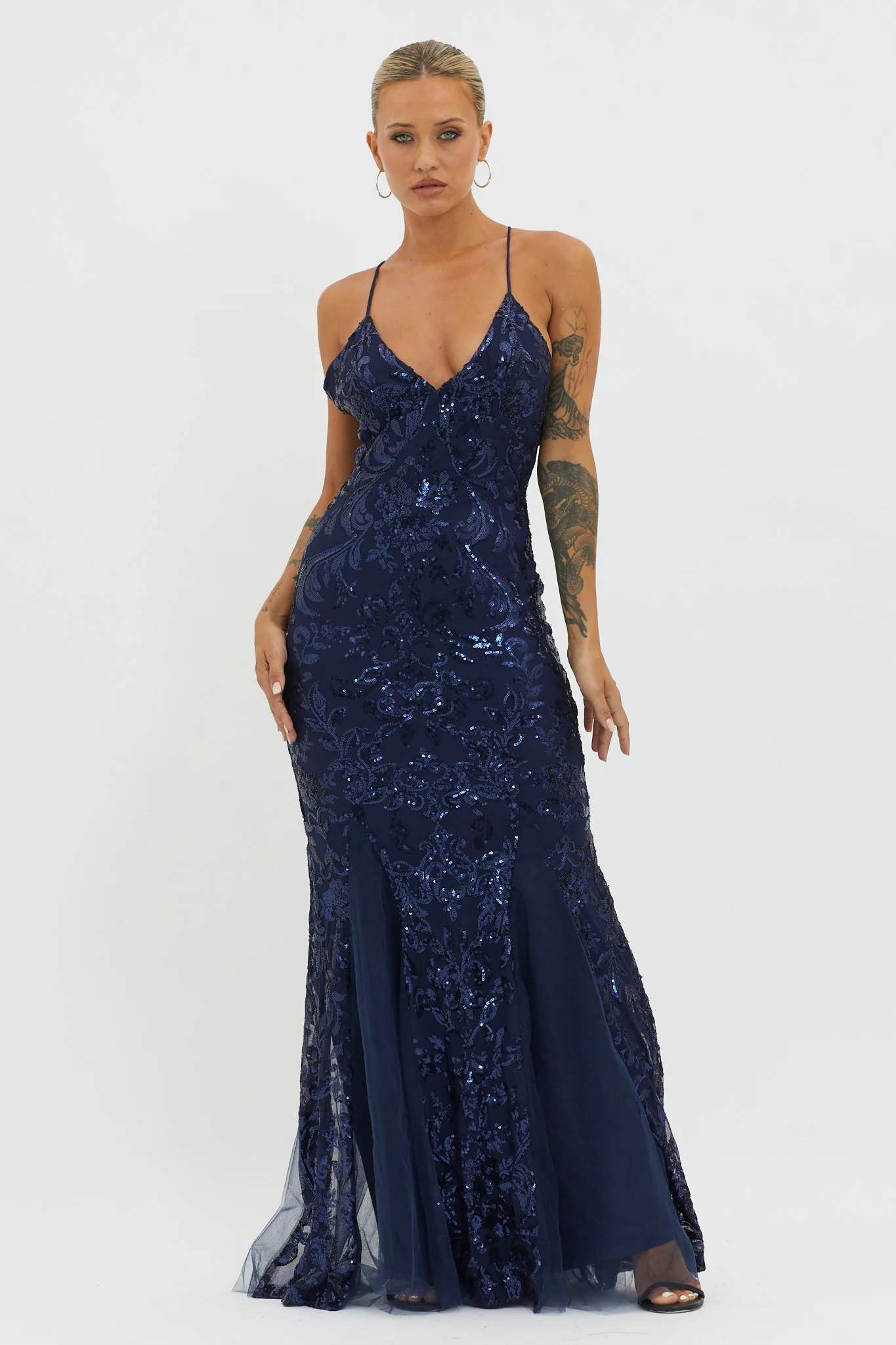 Serenade Song Godet Hem Sequin Maxi Dress Navy - Sonourner