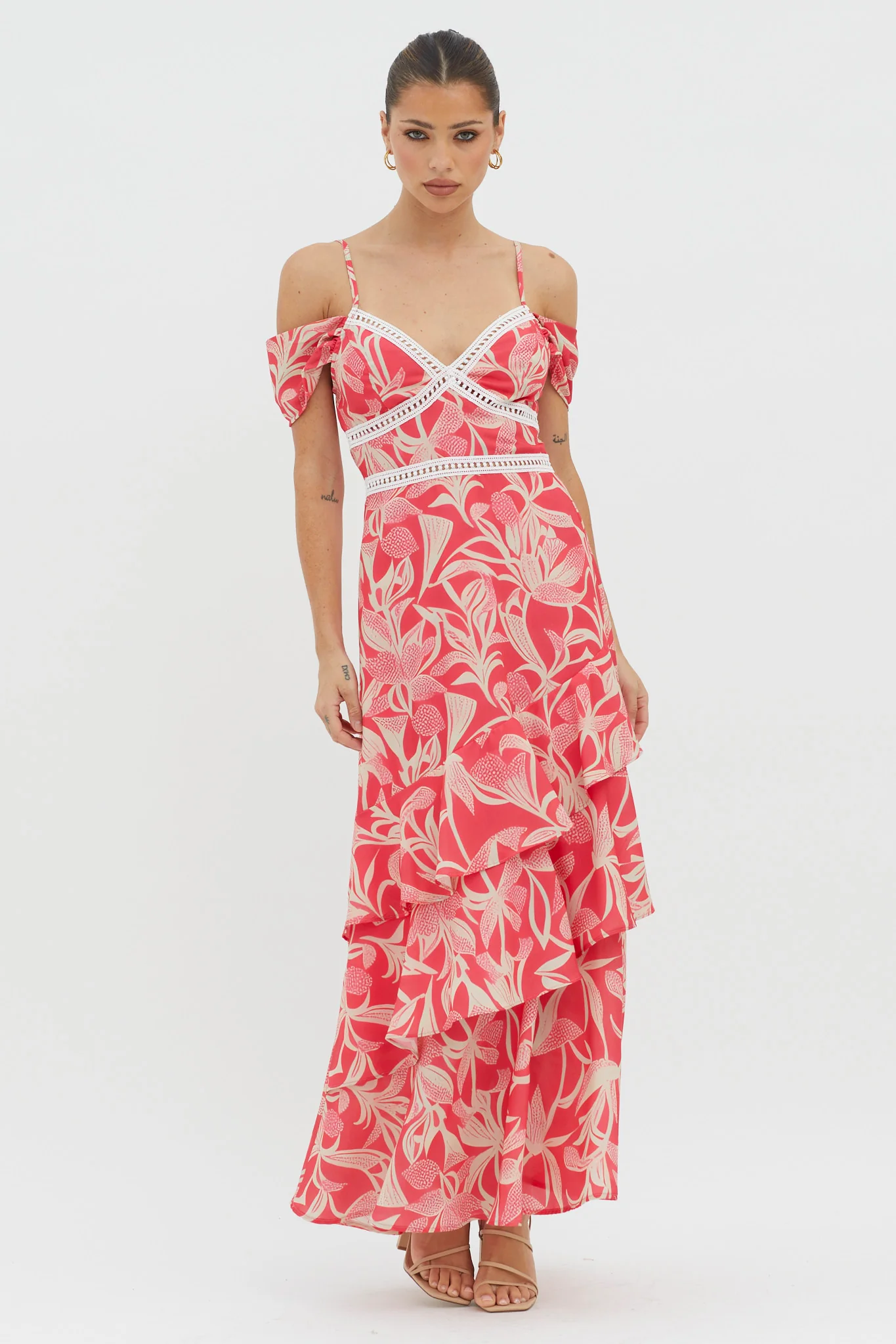 Seina Off-Shoulder Crochet Trim Dress Print Red - Sonourner