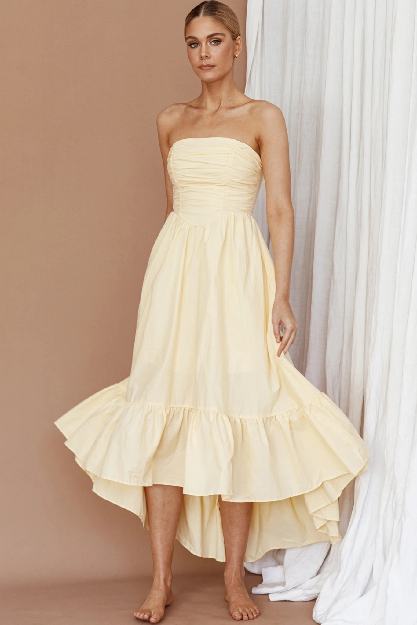 Sunday Mornings Ruched Bust Midi Dress Lemon - Sonourner