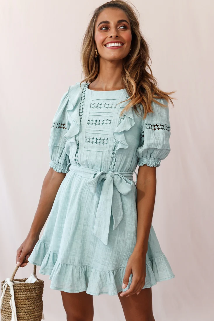 Delia Puff Sleeve Crochet Detail Dress Sage - Sonourner