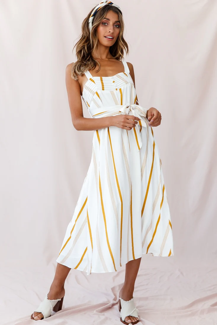Colmar Wide Strap Midi Dress White Mustard Stripe - Sonourner