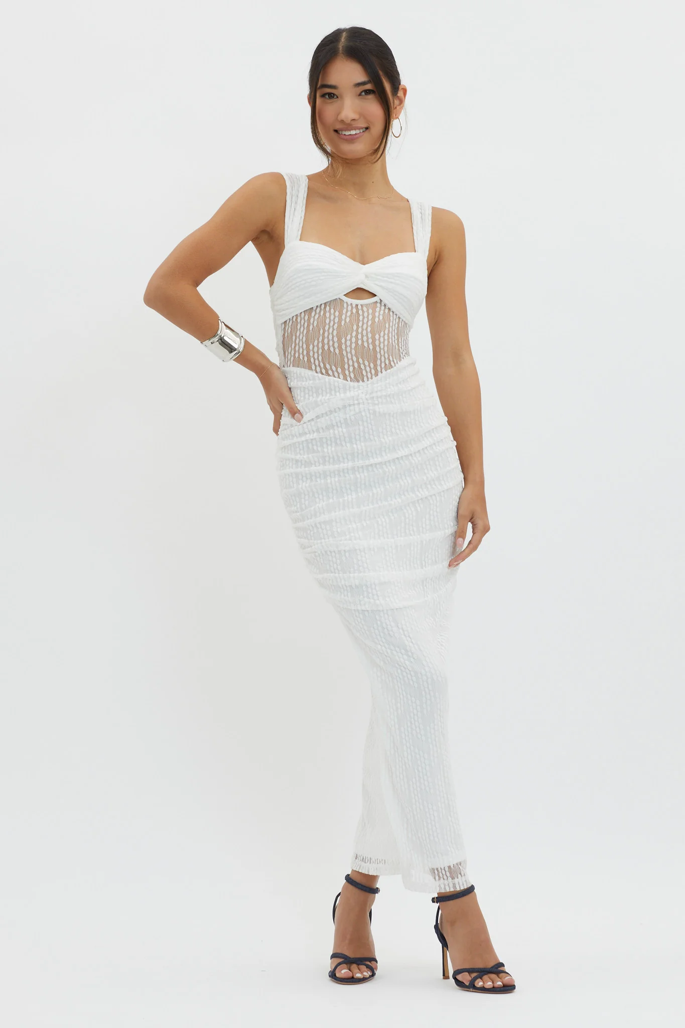 Oliana Embroidered Mesh Midi Dress White - Sonourner