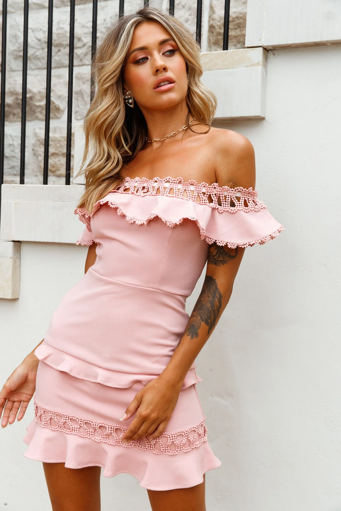 Maddie Off-Shoulder Lace Embroidery Dress Blush - Sonourner