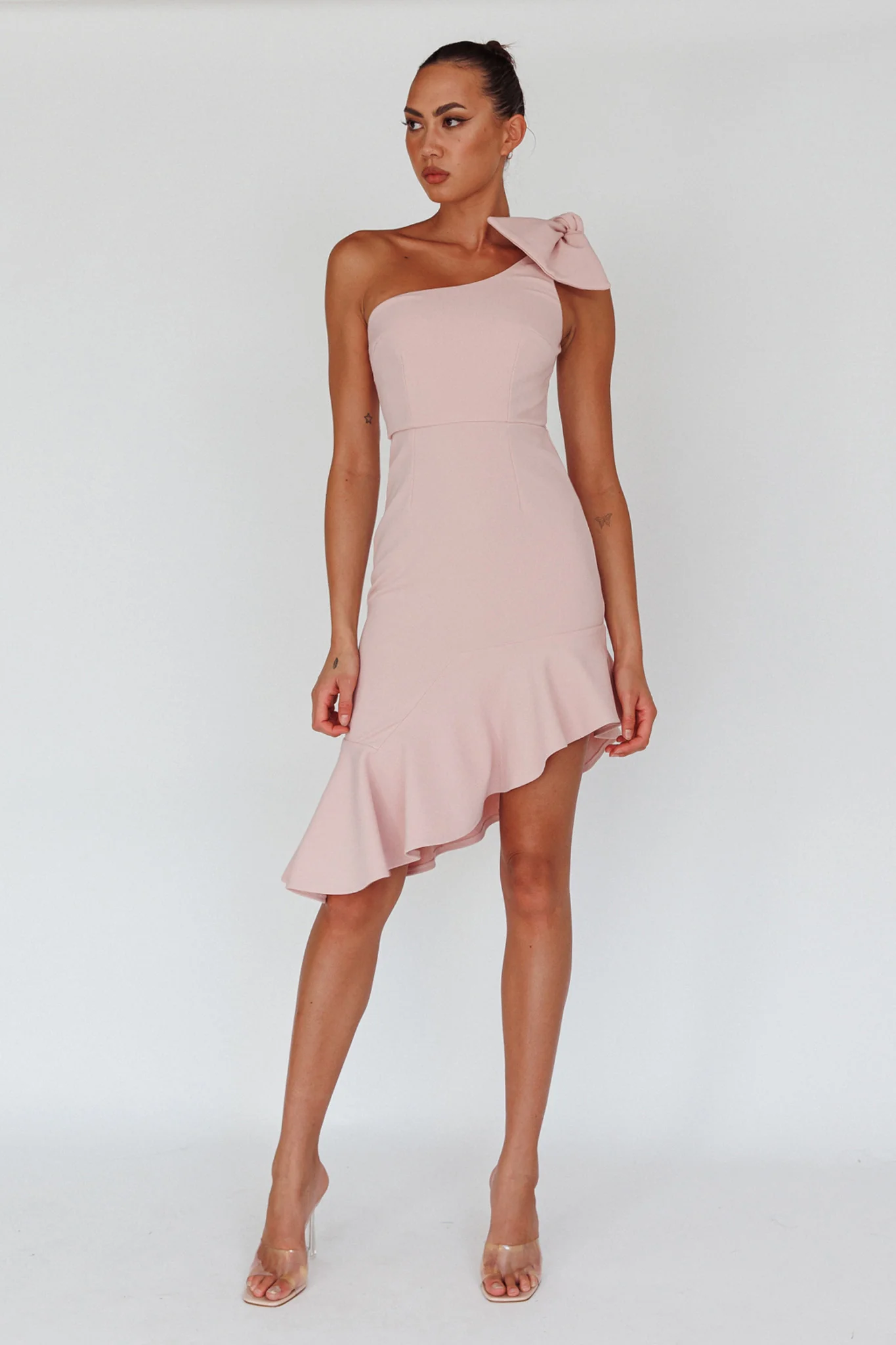 Tiffany One-Shoulder Bow Dress Blush - Sonourner