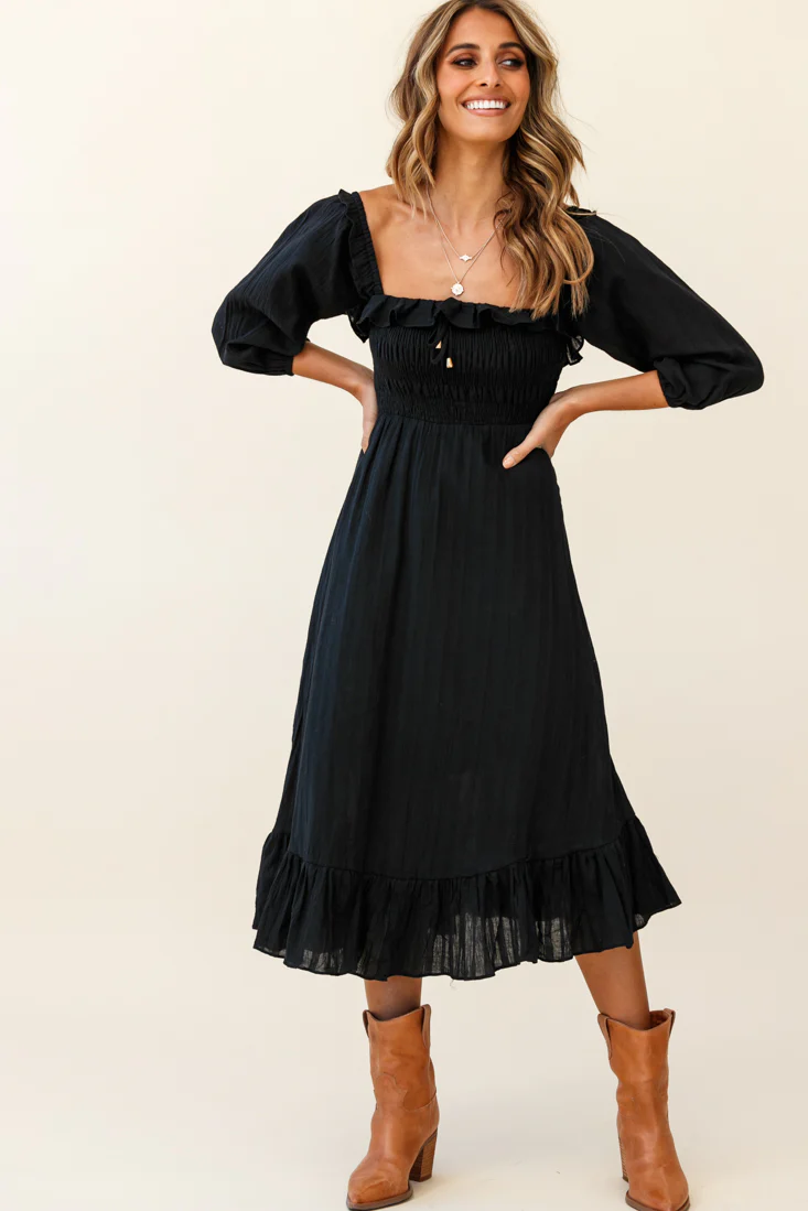 Flynn Off-Shoulder Shirred Bust Midi Dress Black - Sonourner
