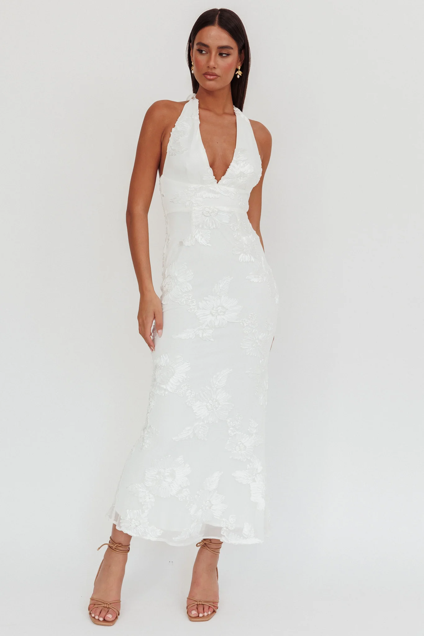 Cipriana Backless Halter Maxi Dress Embellished White - Sonourner