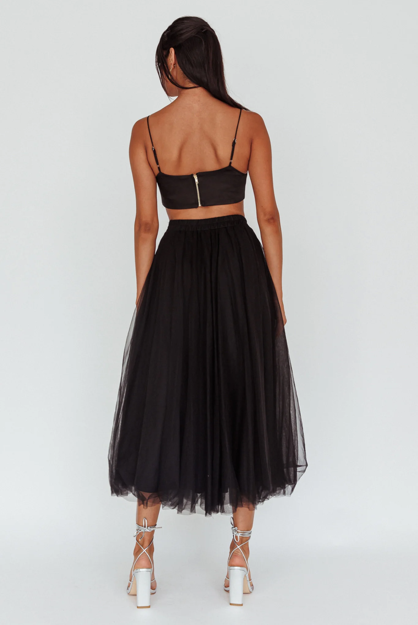 Jasmine Organza Mesh Elasticated Waist Midi Skirt Black - Sonourner