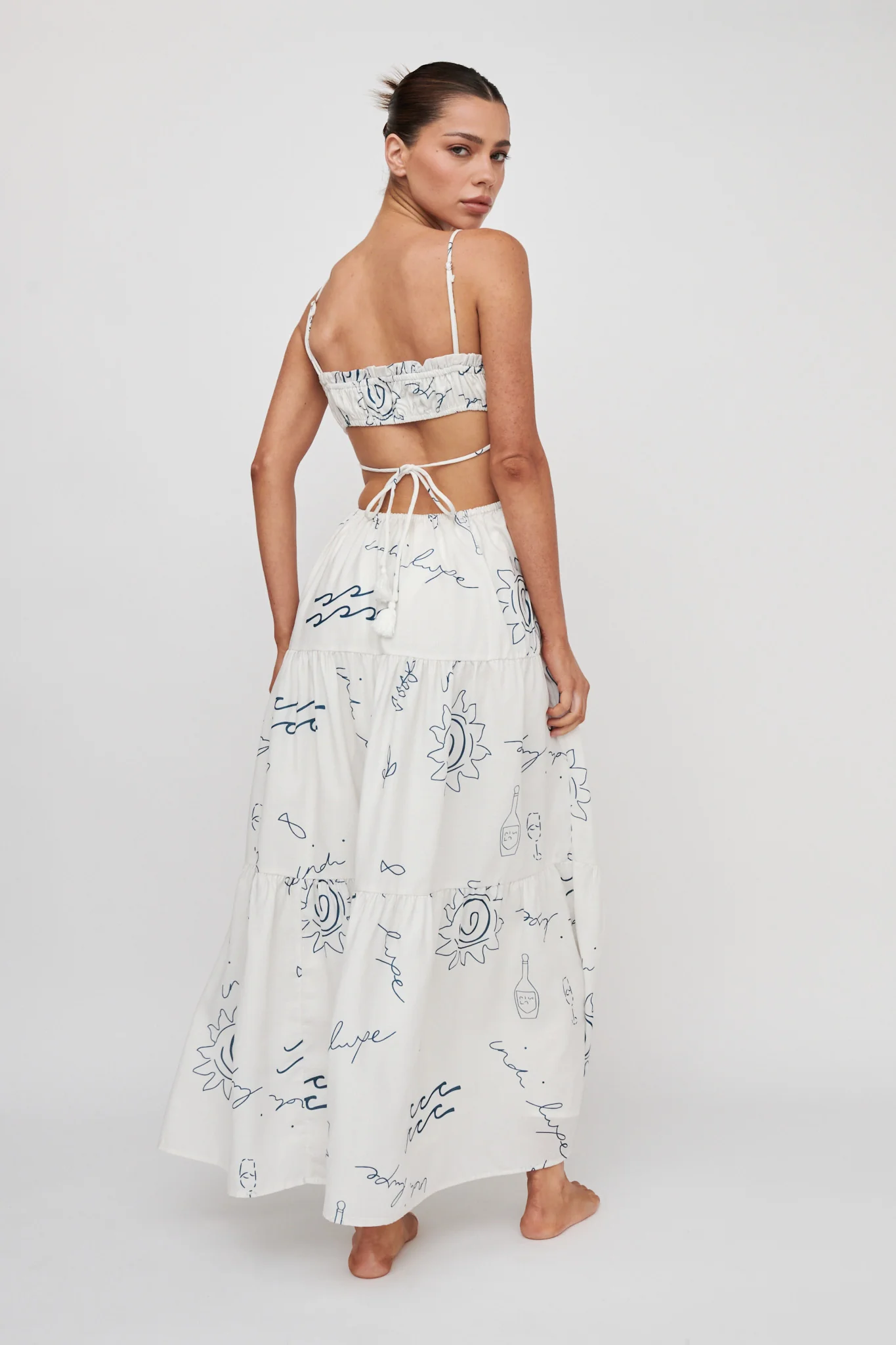 Eyona Cut-Out Back Tie Maxi Dress Print Cream Blue - Sonourner