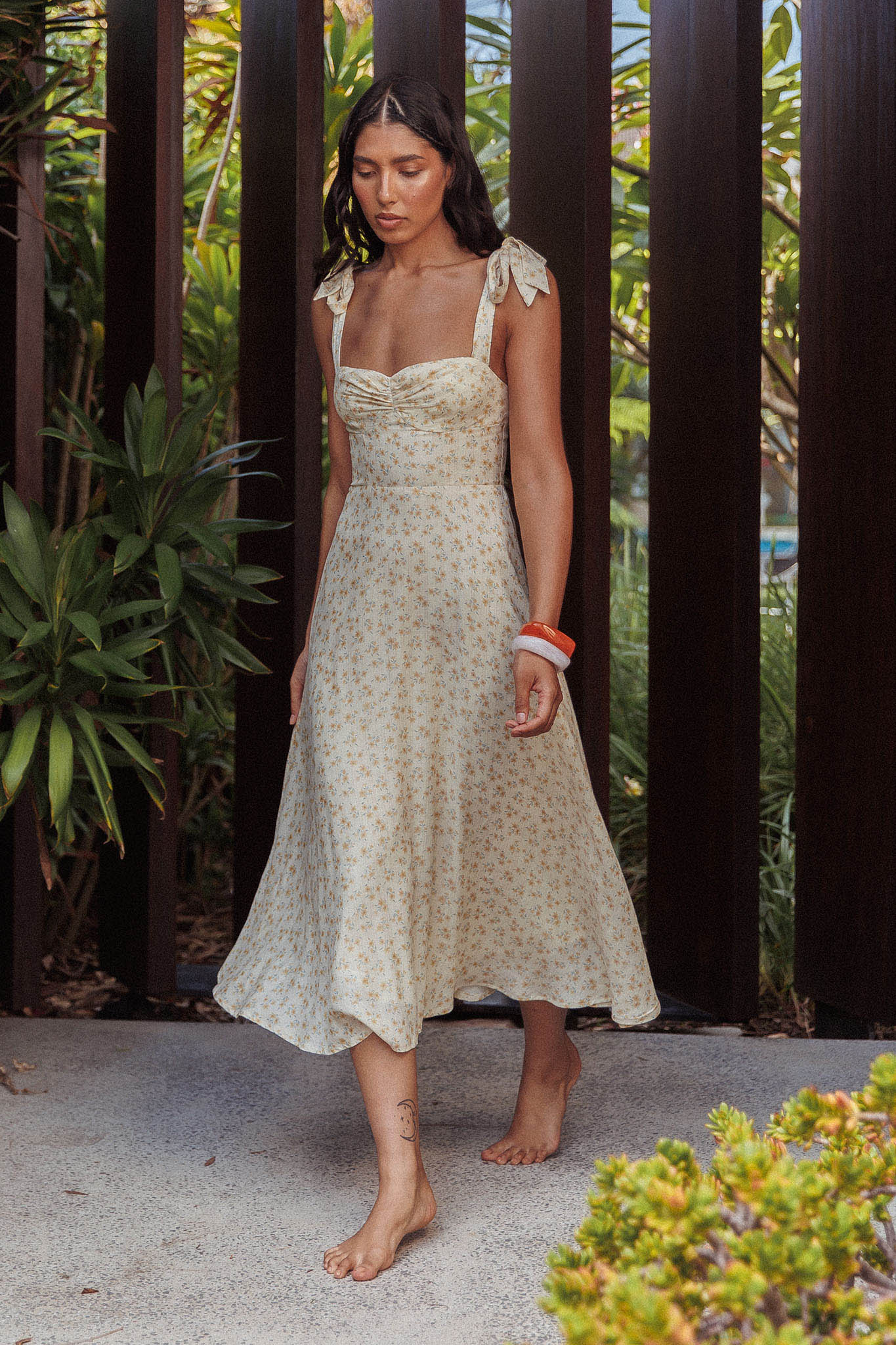 Sweet Pea Floral Tied Straps Midi Dress Yellow - Sonourner