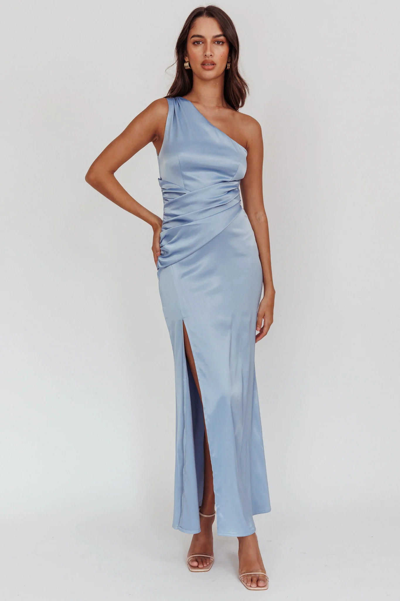 Taniesha One-Shoulder Gathered Maxi Dress Steel Blue - Sonourner