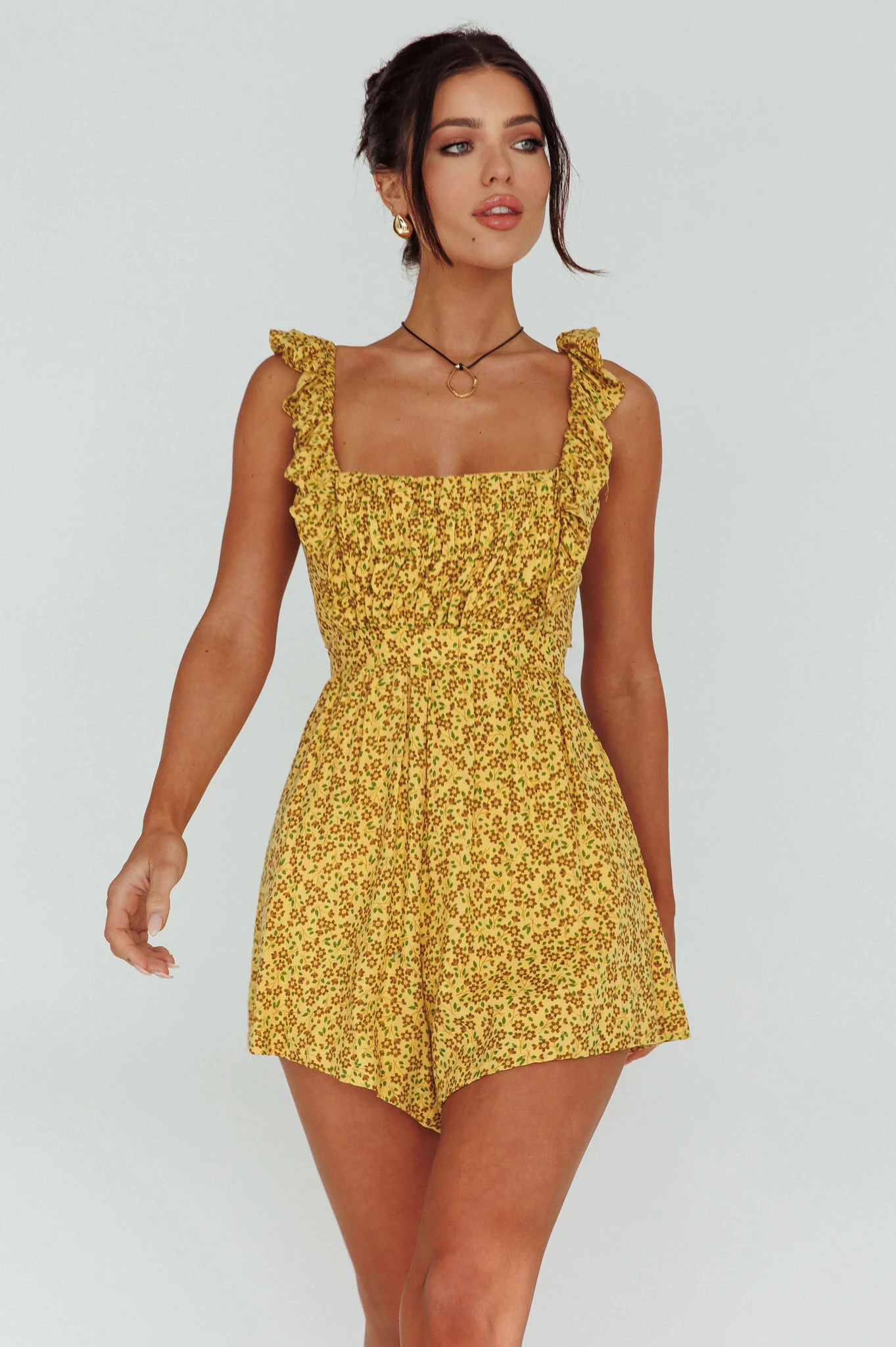 Lazy Sunday Frill Strap Tie-Up Back Romper Floral Print Mustard - Sonourner