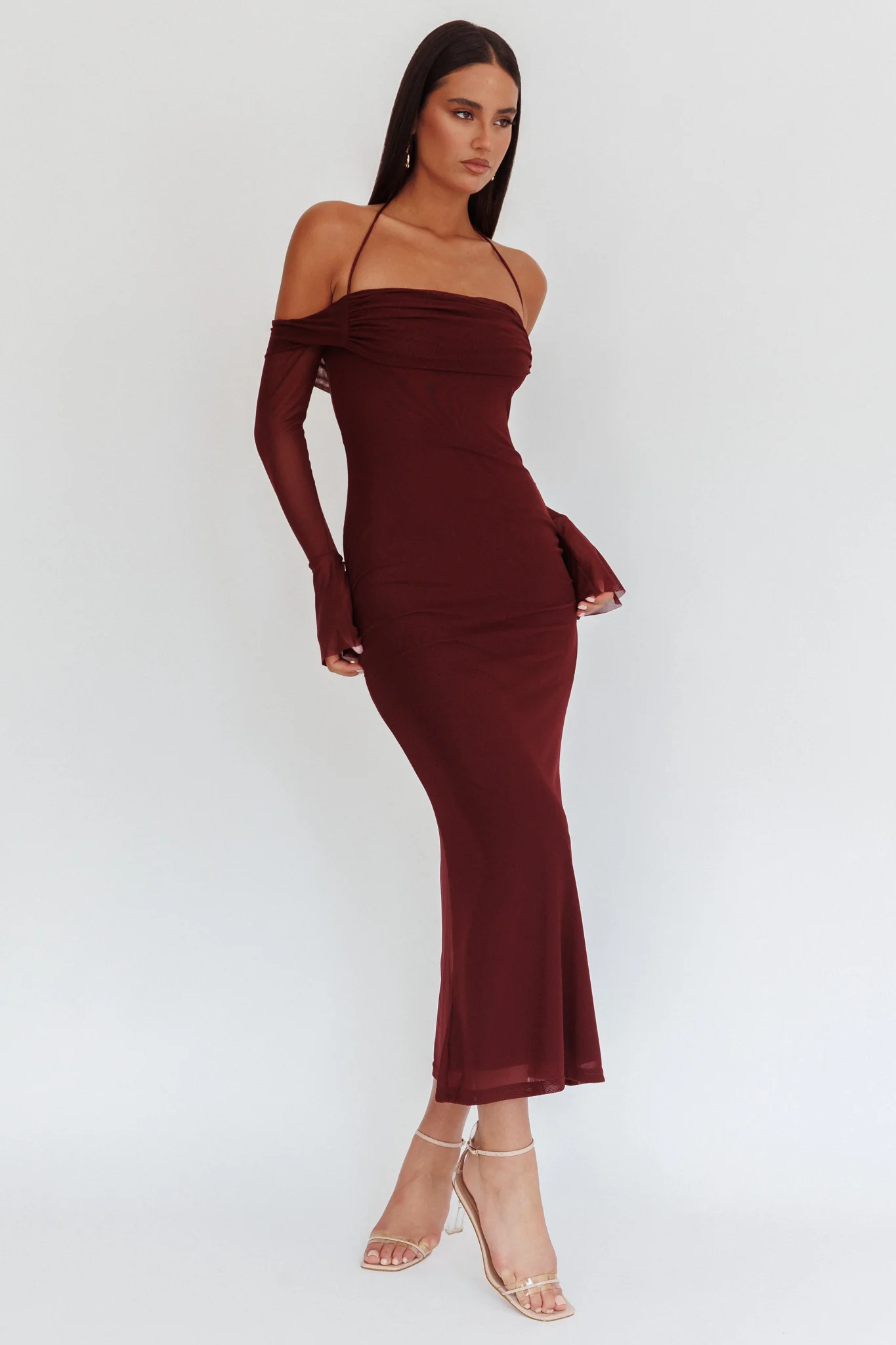 Numbers Game Off-Shoulder Halter Maxi Dress Chocolate - Sonourner