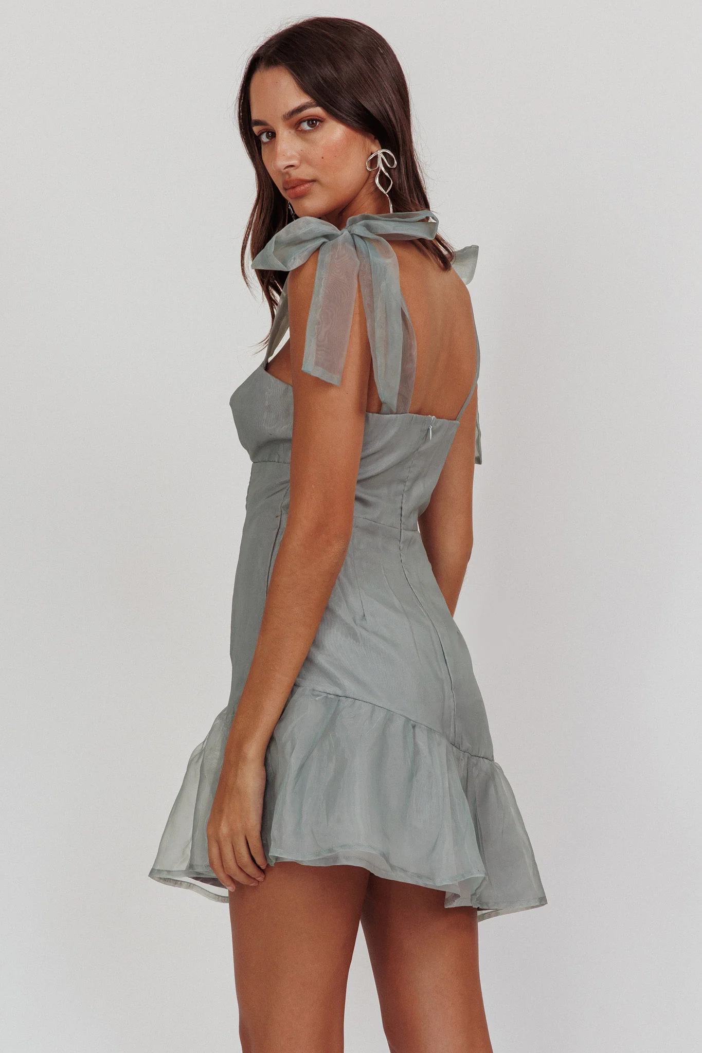 Alexia Bow Shoulder Ruffle Hem Mini Dress Sage - Sonourner