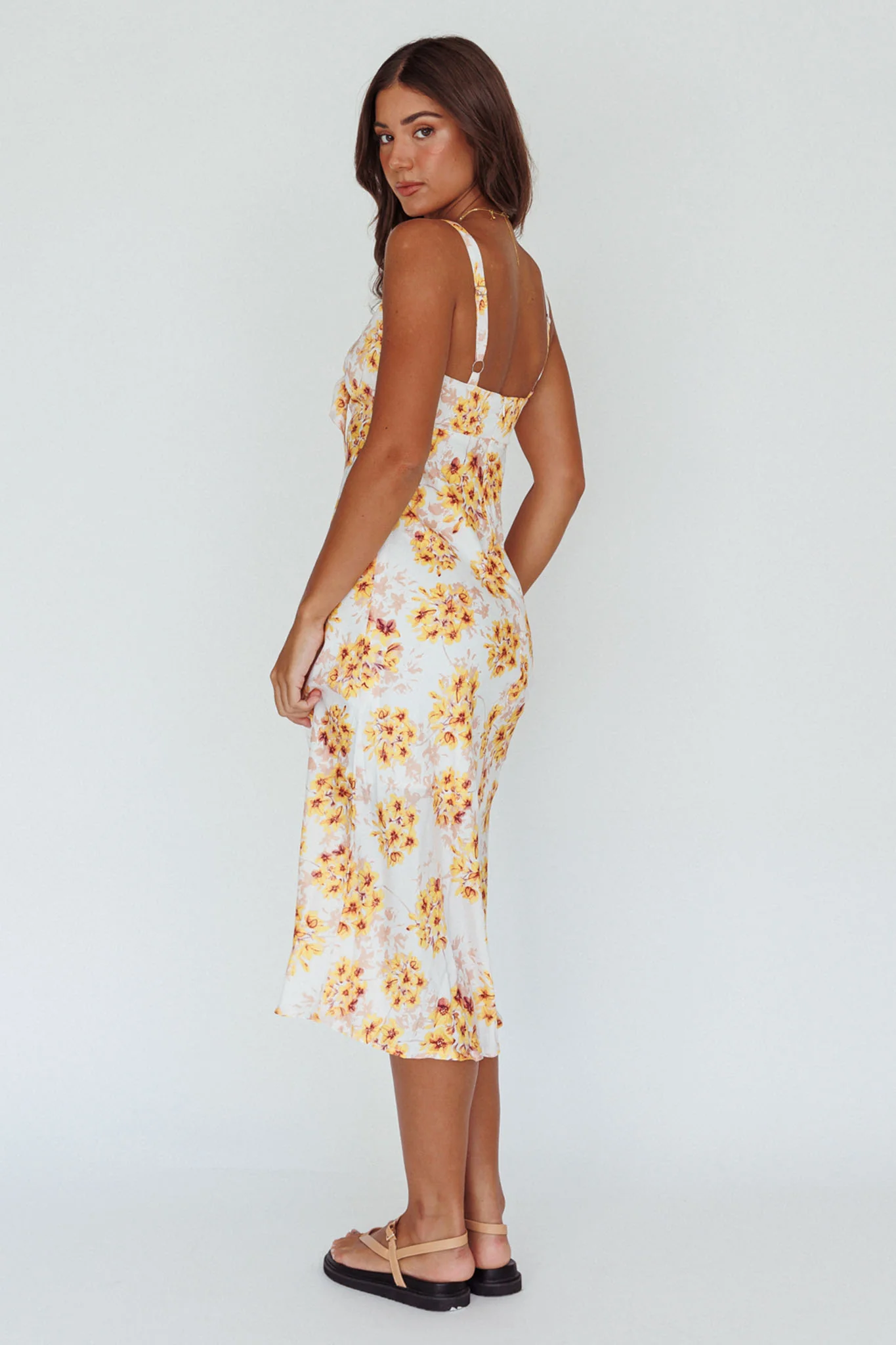 Starry Night Bust-Tie Midi Dress Floral Yellow - Sonourner
