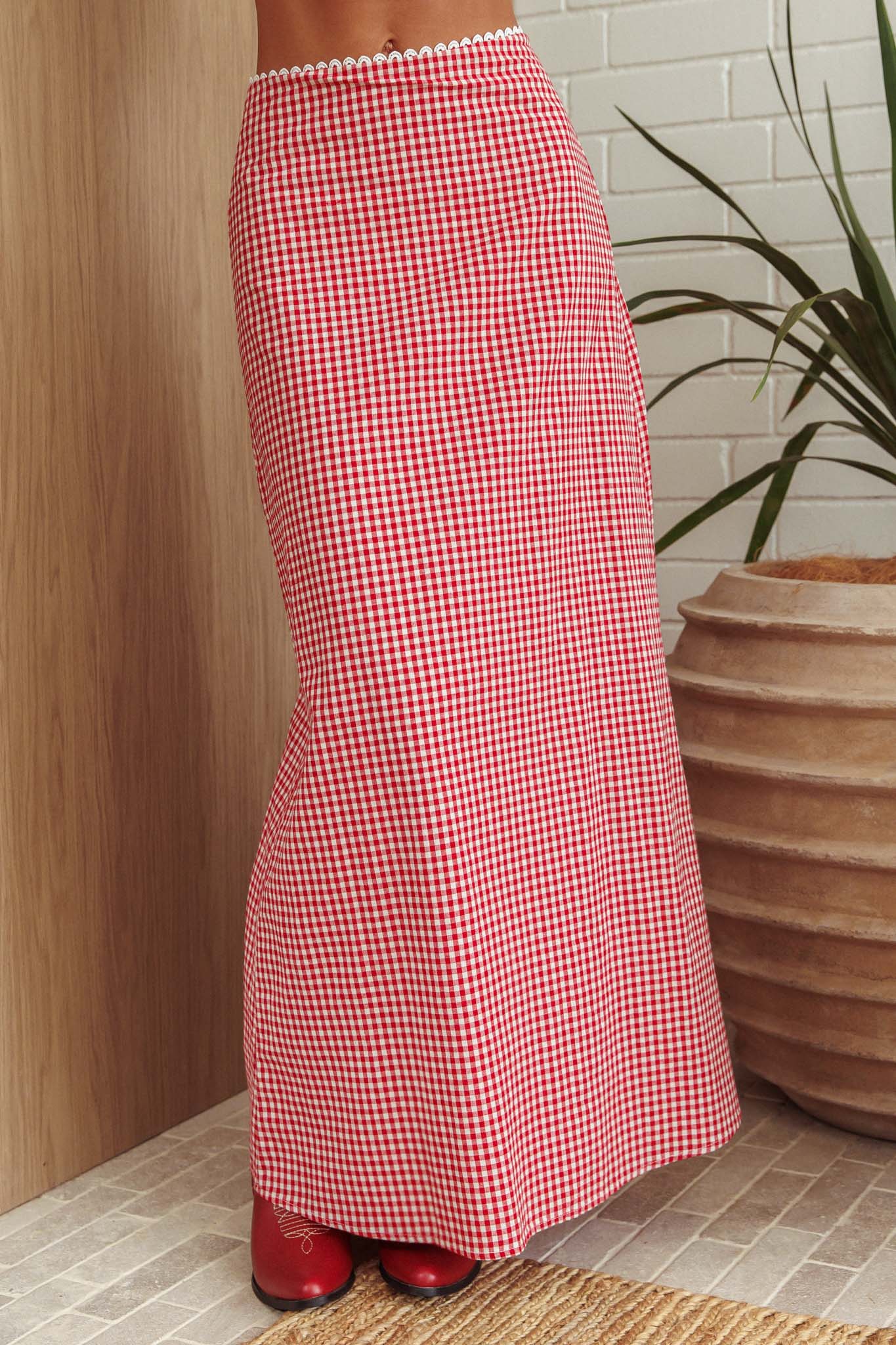 Summer Cottage Lace Trim Maxi Skirt Red Check - Sonourner
