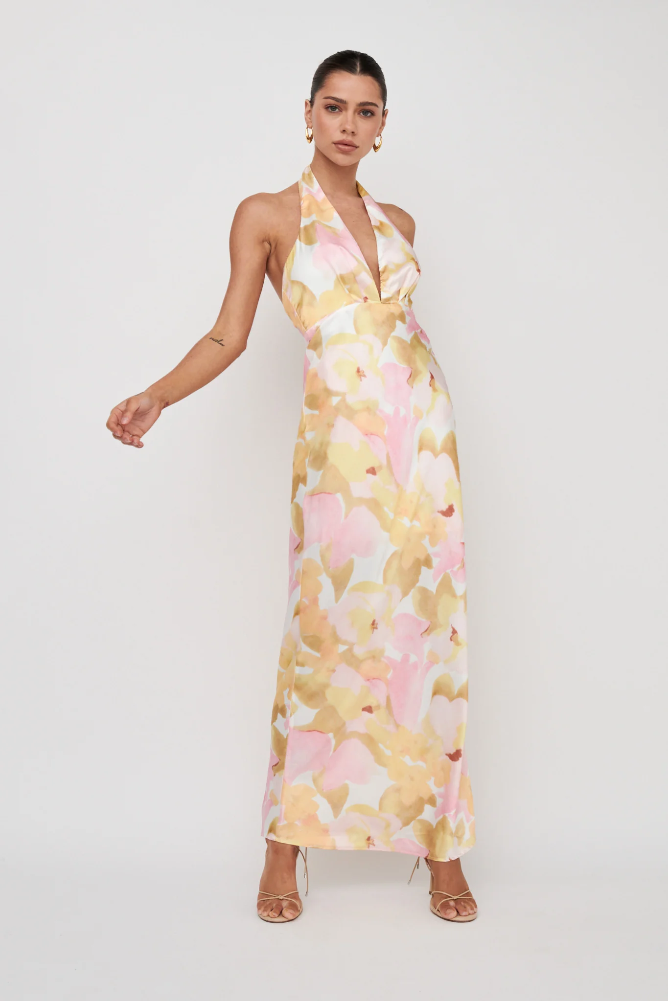 Of Your Dreams Plunging Halter Dress Floral Pink - Sonourner