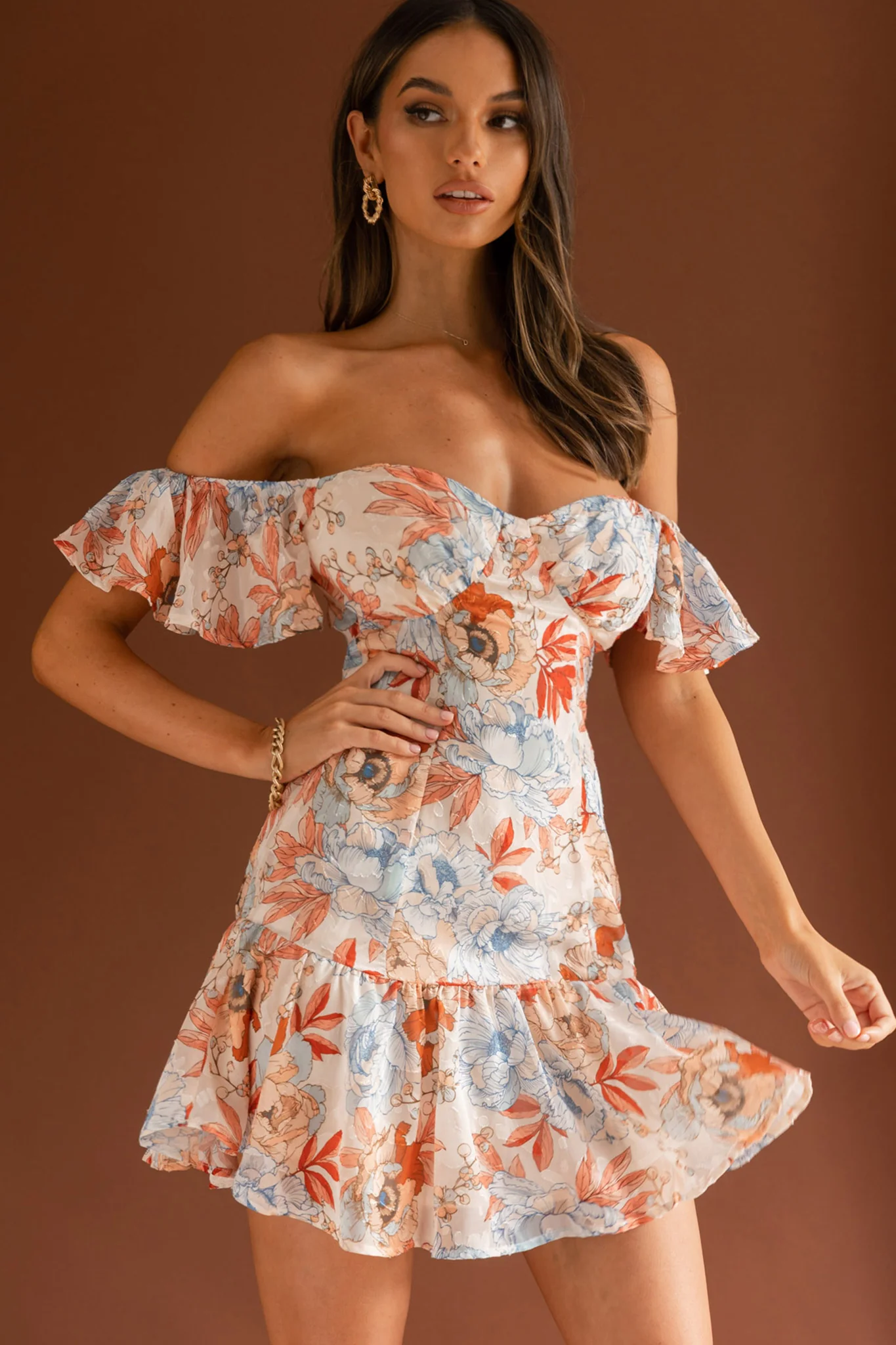 Park Avenue Flutter Sleeve Mini Dress Floral Peach - Sonourner