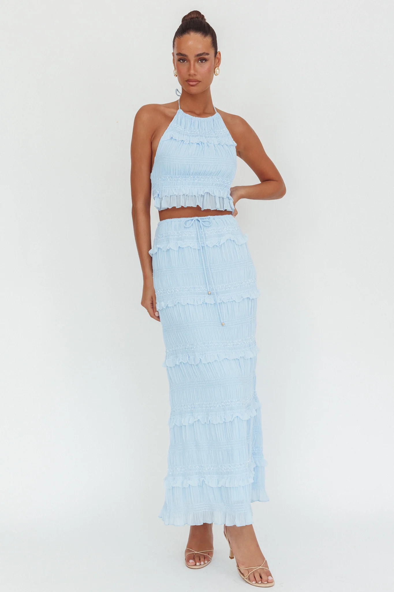 Helios Shirred Sequin Maxi Skirt Blue - Sonourner