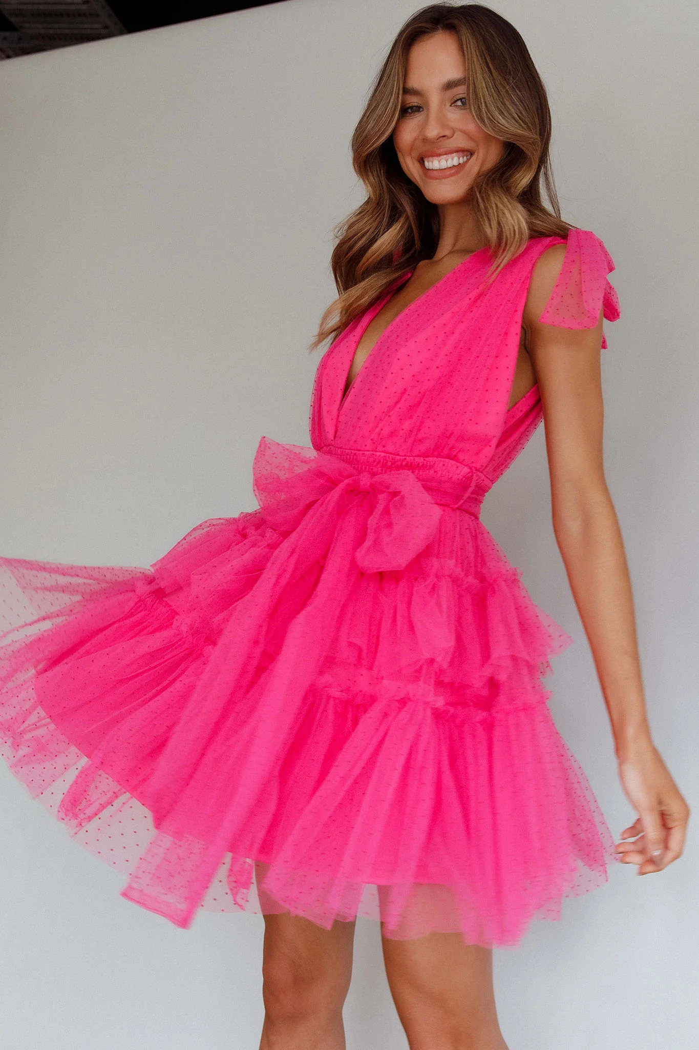Lyra Spotted Tulle Mini Dress Hot Pink - Sonourner