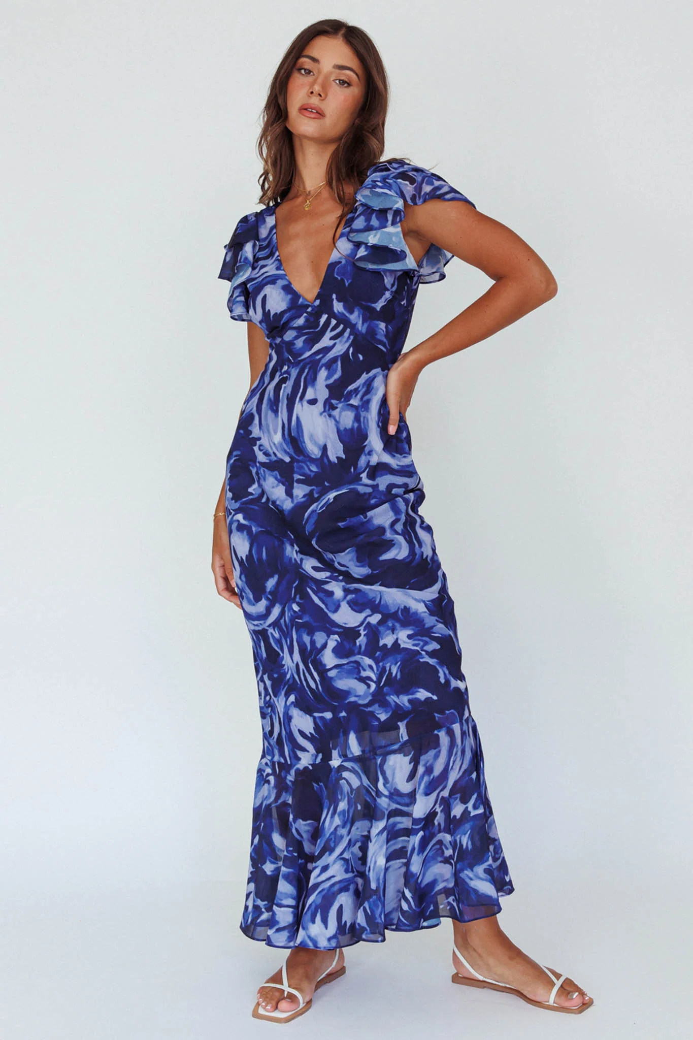 Lydiah Ruffle Sleeve Maxi Dress Floral Blue - Sonourner