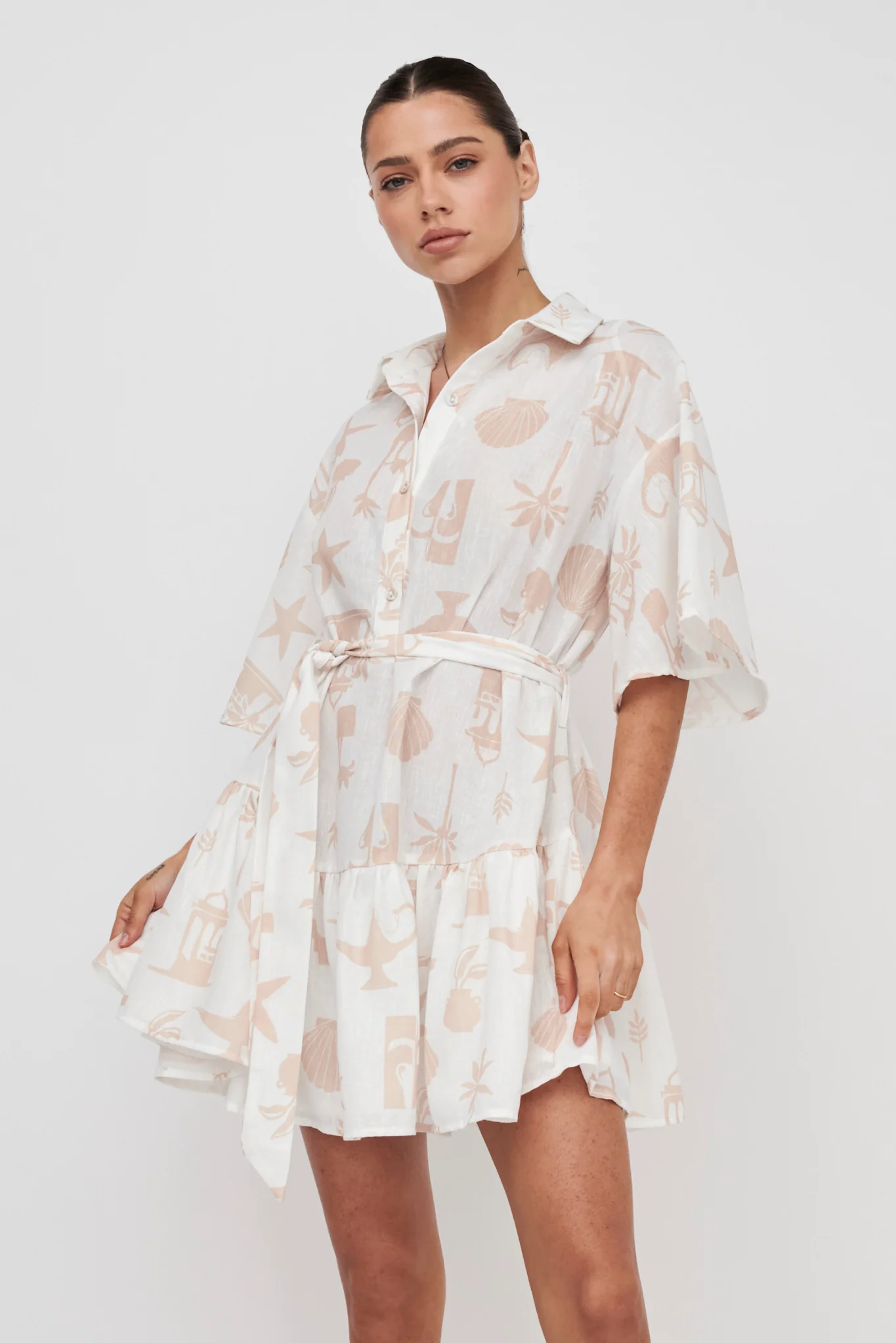 Day Trip Waist Tie Collared Dress Beige - Sonourner